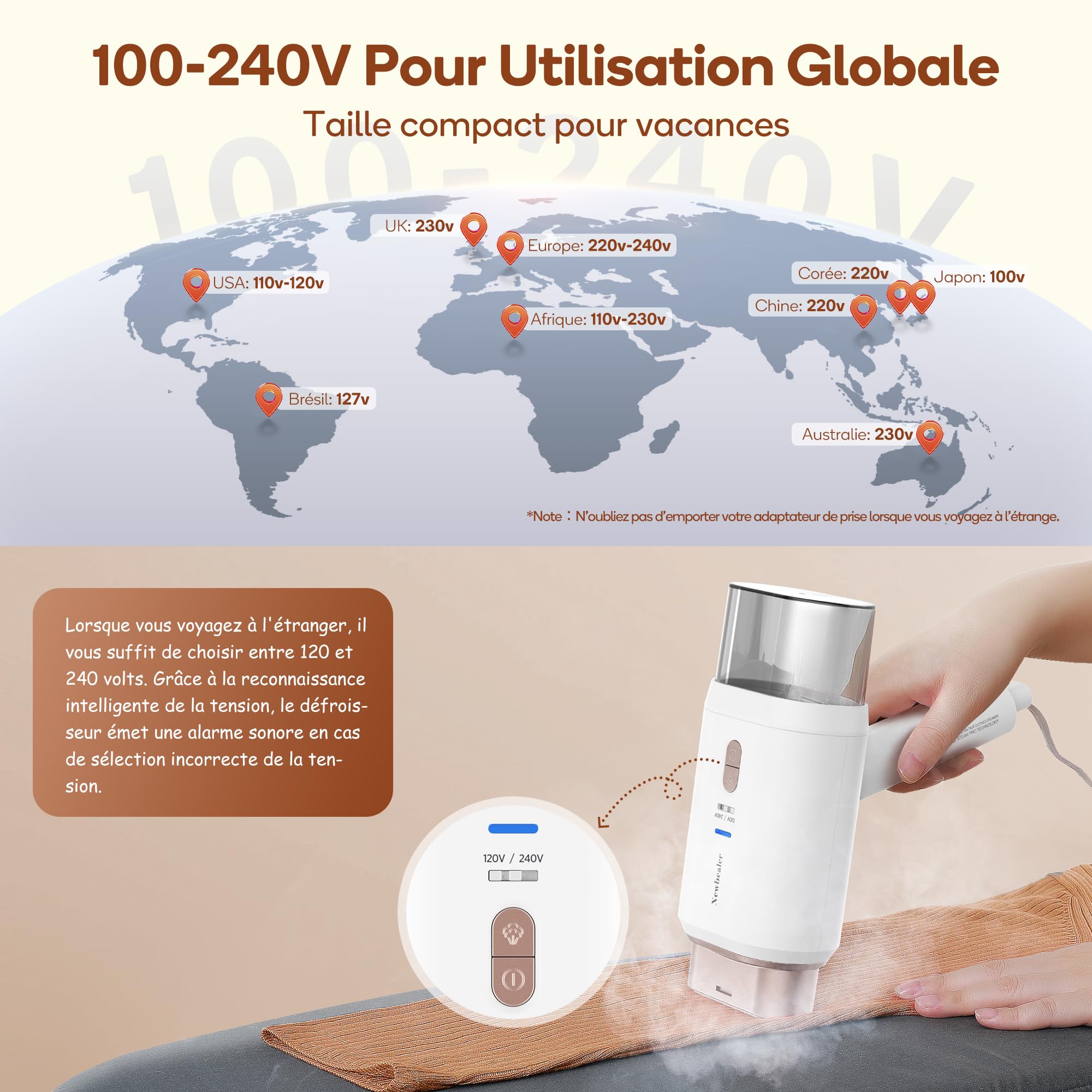 Newbealer Défroisseur Vapeur, Défroisseur de Voyage Double Tension - 220V/120V, 1200W Fer à Repasser à Main avec Réservoir d'Eau Détachable de 180ml, Horizontale et Verticale, Chauffe Rapide en 20s