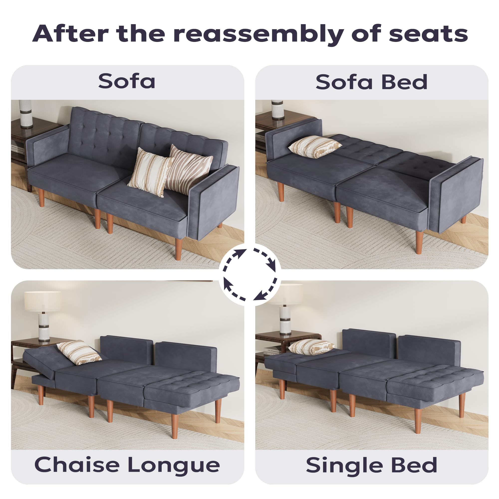 Furnify 71" Velvet Futon Sofa Bed, Versatile Loveseat Couch, Sleeper Sofa with Adjustable Backrest, Mid Century Modern Futon Couch for Small Space, Living Room, Office & Apartment, Velvet Fabric Grey