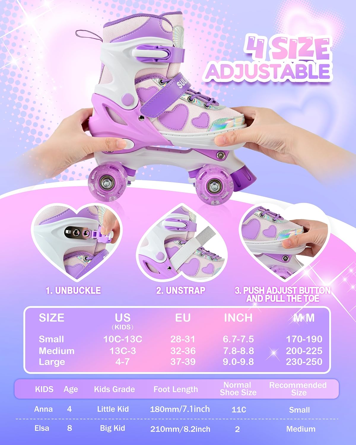 SULIFEEL Love Hearts 4 Size Adjustable Kids Roller Skates for Ages 3-12 Girls with Fluffy Pom-Poms,Light-Up Wheels & Triple Support Grow with Your Children Birthday Gift for Indoor Outdoor Sports