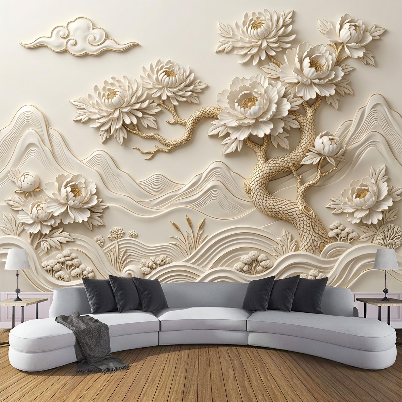 Papier peint intissé relief 3D beige marron cache imperfections murs salon 450x315