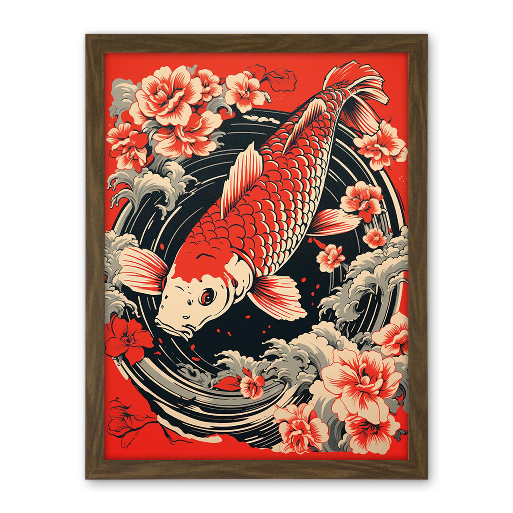 Artery8 Koi Fish Carp Japanese Whirlpool Red Black Floral Illustration Artwork Coy Artwork Framed Wall Art Print 18X24 Inch
