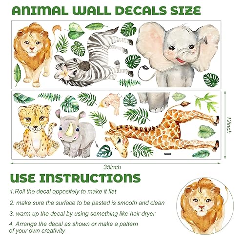 Miniatura 2 de Colarr 2 hojas de calcomanías de pared de animales de la selva, acuarela, safari, elefante, león, decoración de habitación de bebé, decoración de