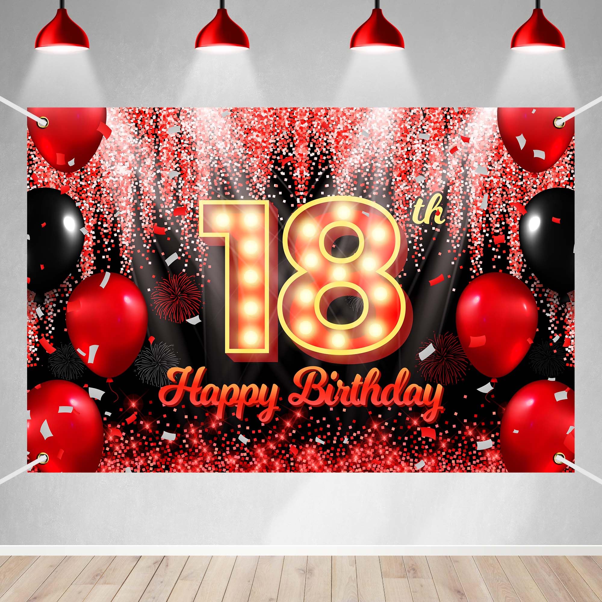 Happy 18th Birthday Backdrop Banner Black and Red Theme Background with Neon Shiny Fashion Birthday Party Photo Photography Prop Booth Background for