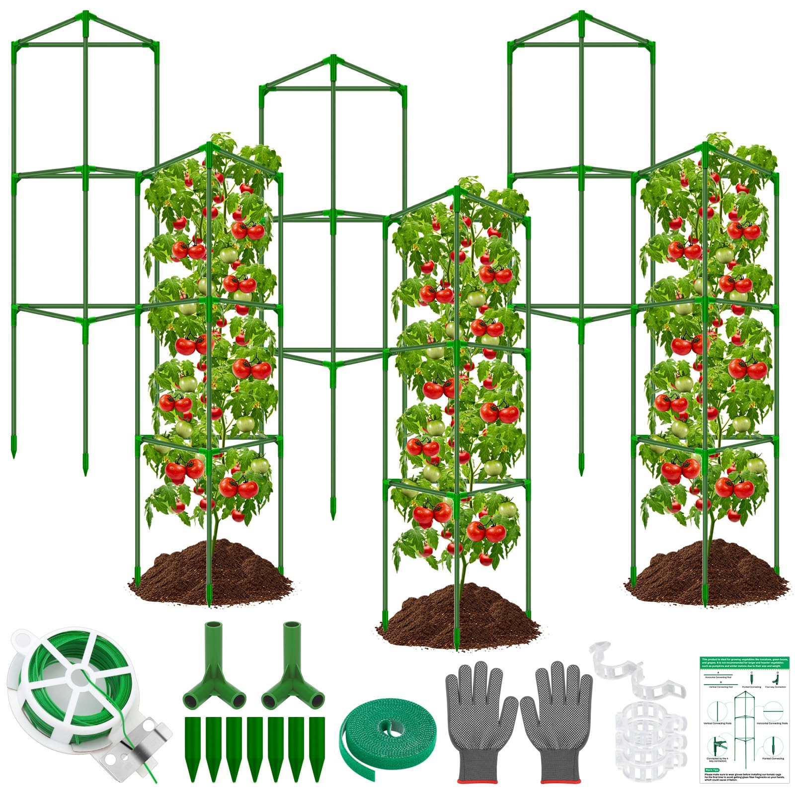 6-Pack Tomato Cages for Garden, 56 Inch Tall Tomato Plant Support Adjustable Rustproof Fibreglass Growing Frame with Clips Twist Tie Velcro Gloves, Vertical Climbers Support for Beans Peppers Flowers