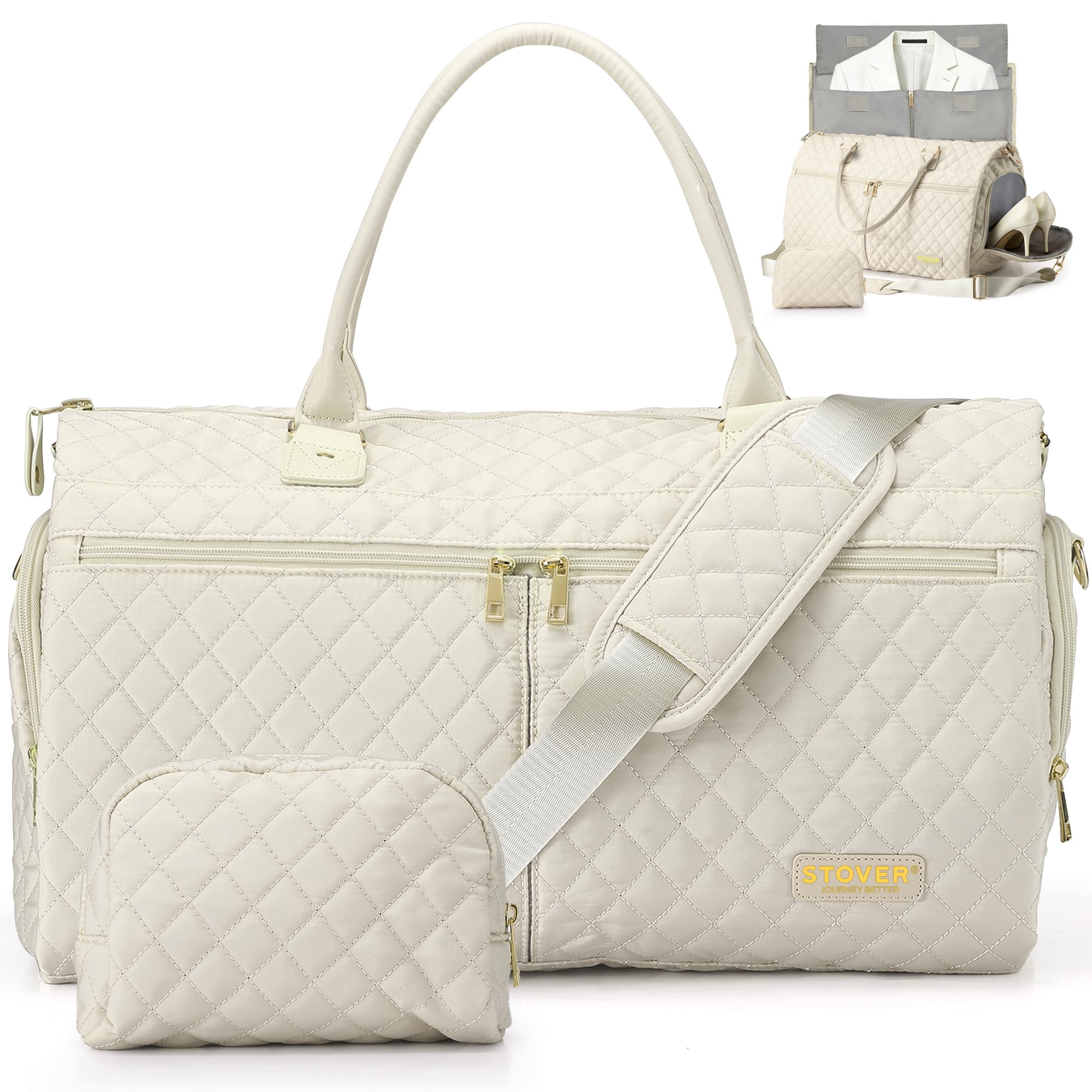 STOVER Damen wandelbare Kleidertasche für Reisen, 2-in-1 Handgepäcktasche für Wochenendausflüge, faltenfreie Kleider, hängende Anzüge, Kleidung + Schuhfach & Bonus Kulturbeutel, Kaschmir-Creme, 20