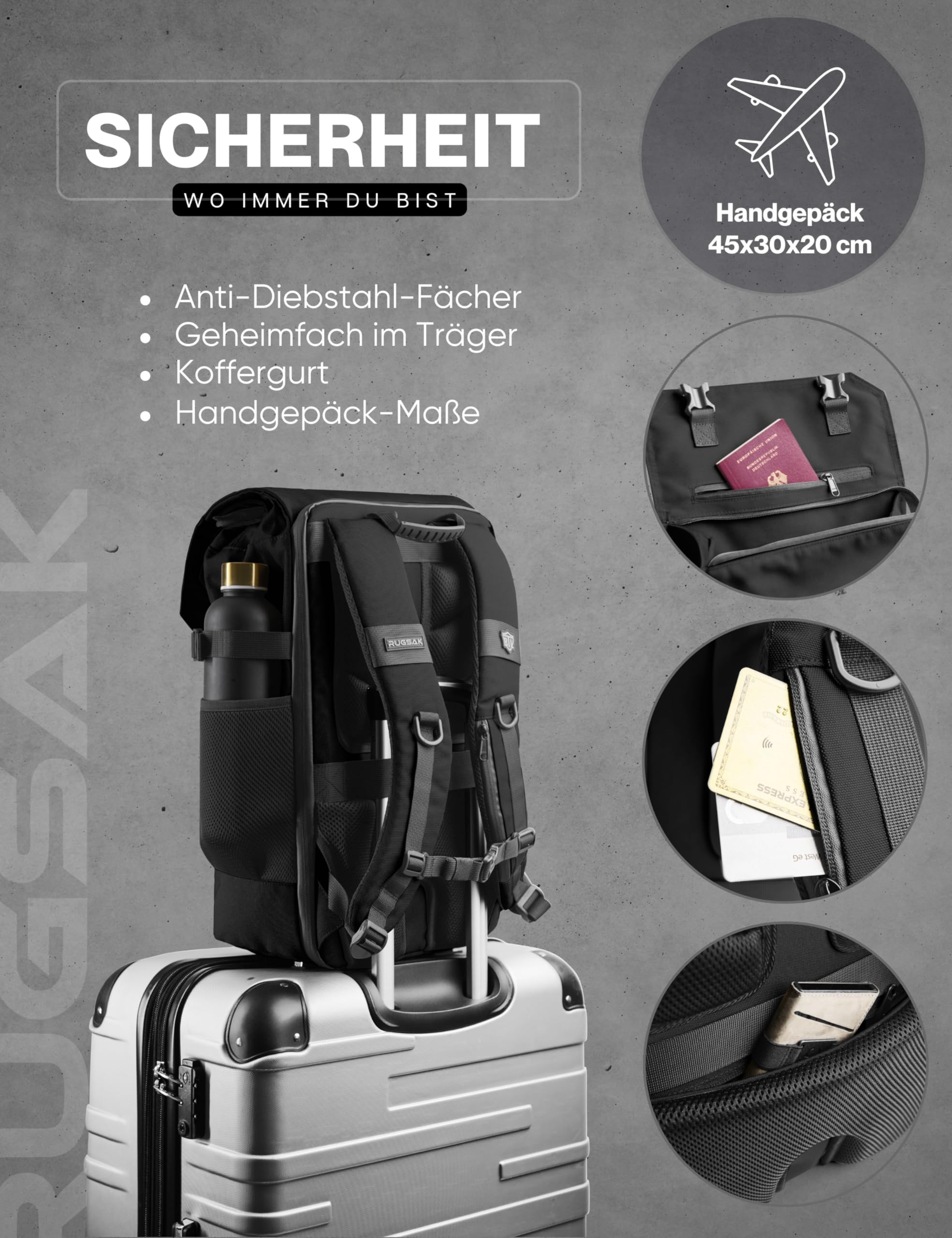RUGSAK® Original Mochila enrollable de 30 l, tecnología de 3 tamaños, con compartimento Lapotpfach de 18 pulgadas, resistente al agua, para trabajo, escuela, viajes y deportes, para hombre y mujer –