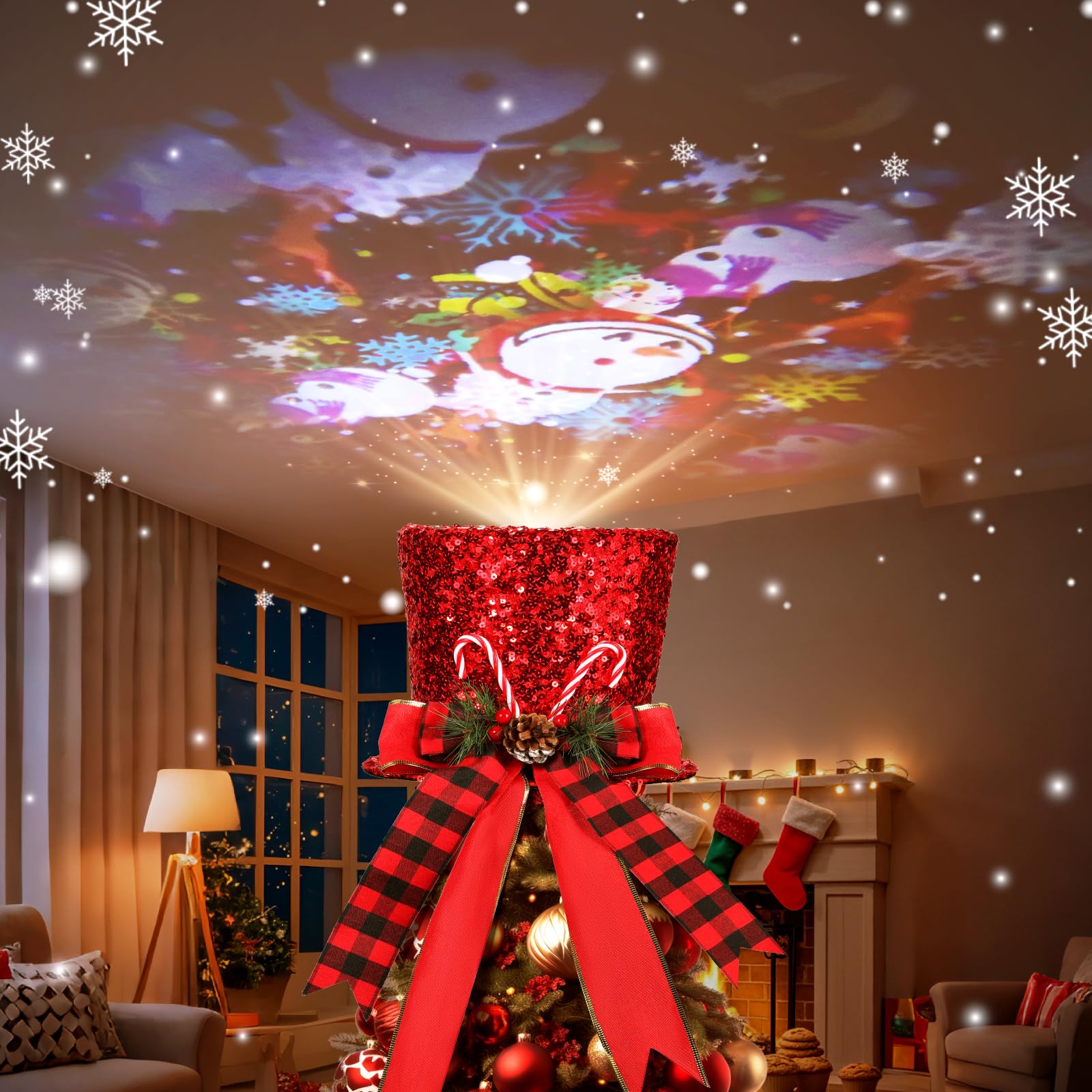 Hat Christmas Tree Topper w/Projection Modes Lighted, Large Red Sequins Hat Xmas Tree Topper w/Pine Cone and Bow Ribbon Ornament, Xmas Tree Topper Top Hat for Home Holiday Tree Decoration Xmas Gifts