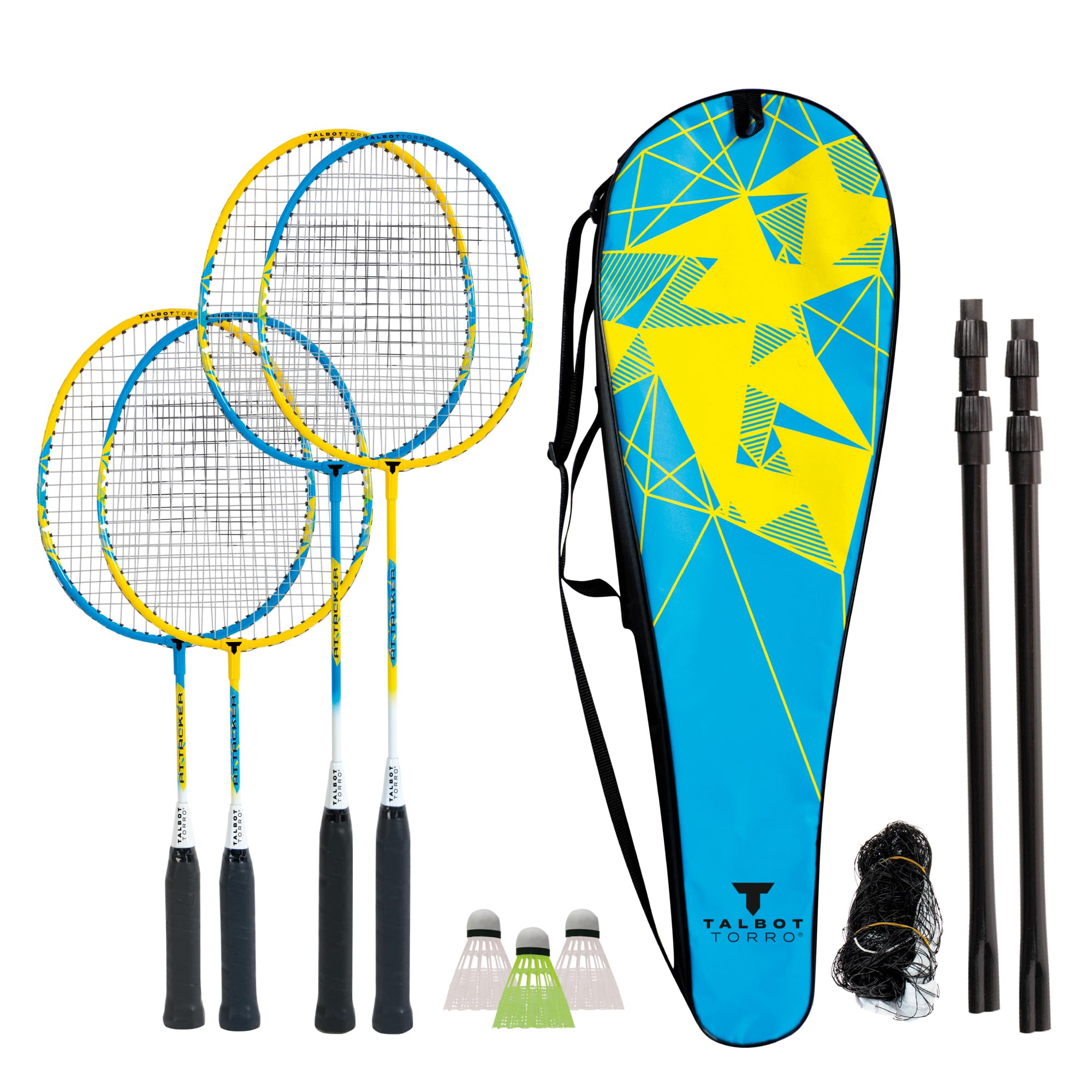 Talbot-Torro Badminton-Set Family, 2 Junior- Rackets 53cm, 2 Adult Rackets, 3 Shuttles, adjustable Net Post Set, in carrybag, Family Badminton- Set, 449507