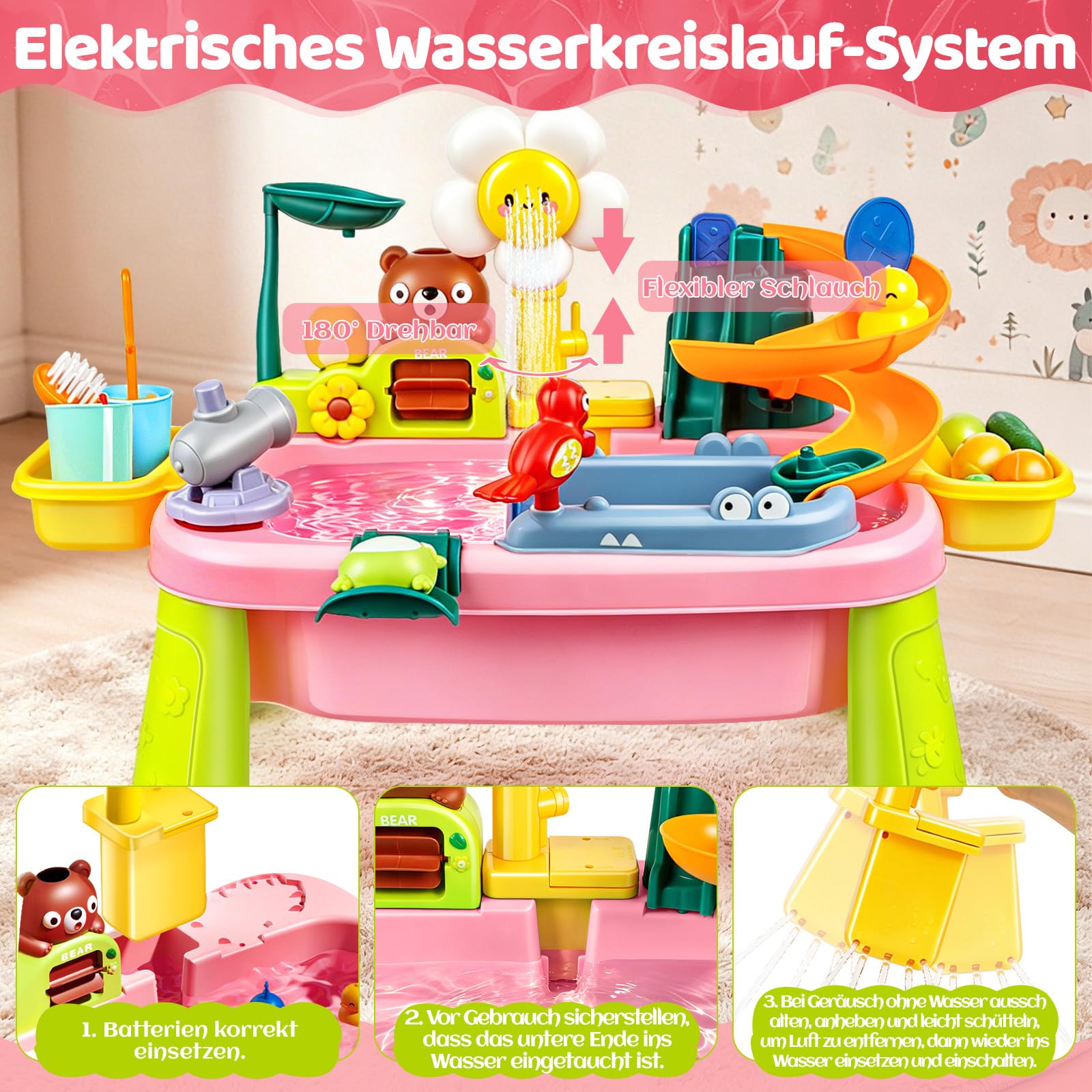 Kinder Spülbecken, Kinderwaschbecken mit Wasserkreislauf, Waschbecken Kinder mit Wasserfunktion, Wasserspieltisch mit Elektrischem Wasserhahn Obst Gemüse und Angelspielzeug ab 3 Jahre (Rosa)