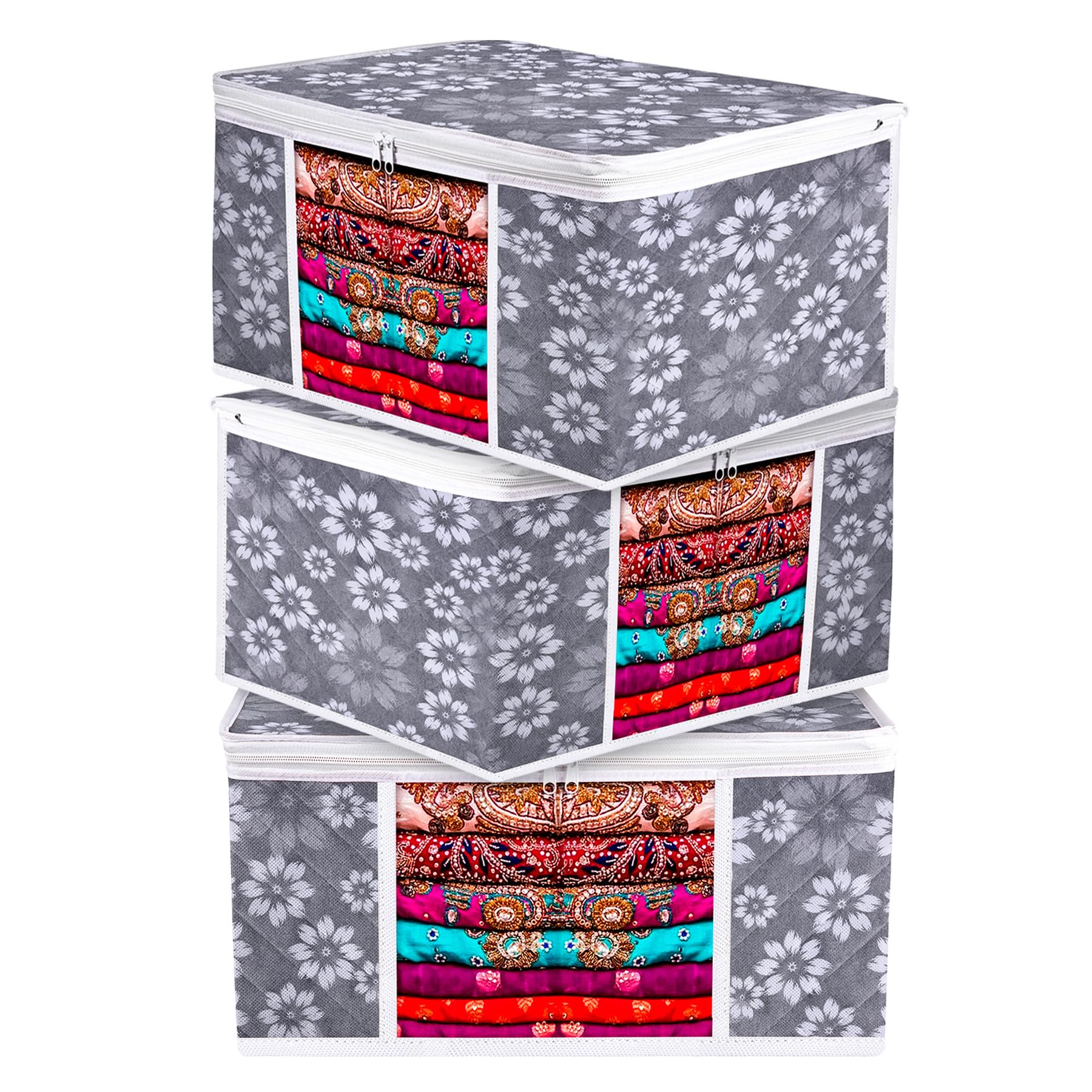 Kuber Industries Pack of 3 Saree Storage Bag | 9 Inch | Visible Window Saree Bag | Waterproof Saree Bag | Wardrobe Storage Bag | Cloth Organizer | Flower Quilted Storage Bag | Gray
