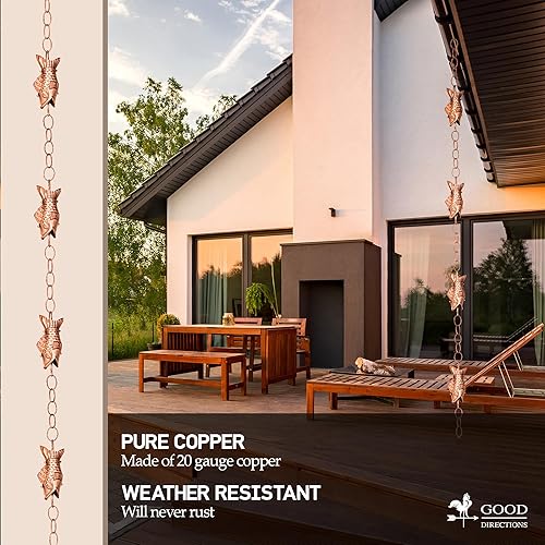 Miniatura 2 de Good Directions 487P-8 Cadena de lluvia de peces - 8.5 pies, con 4 figuras grandes, tazas grandes 100% cobre puro