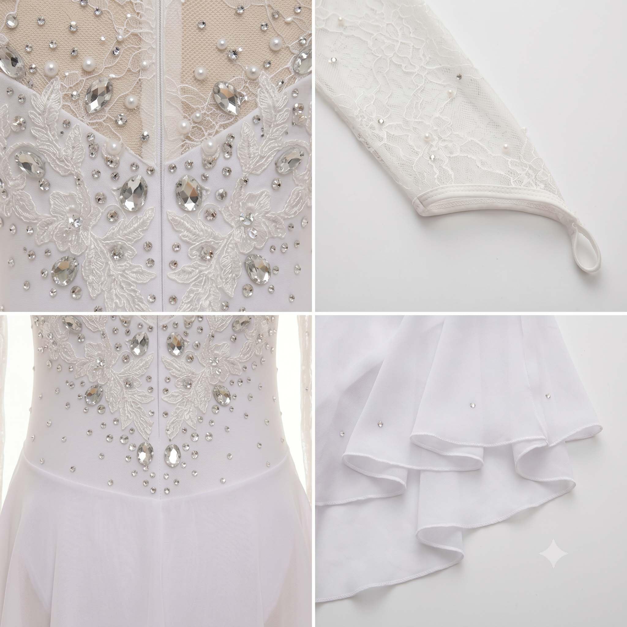 purpleq Vestido de Patinaje Artístico Blanco, Leotardo con Encaje y Pedrería, Traje Elegante Profesional para Competencias de Patinaje sobre Hielo, Danza y Presentaciones
