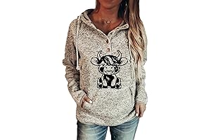 Chic Women's Casual Highland Cow Print Hoodies with Adjustable Button Neck