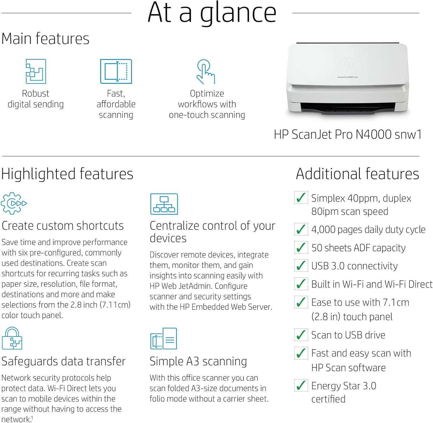 HP ScanJet Pro N4000 snw1 Sheet-feed Scanner (6FW08A) (Renewed)