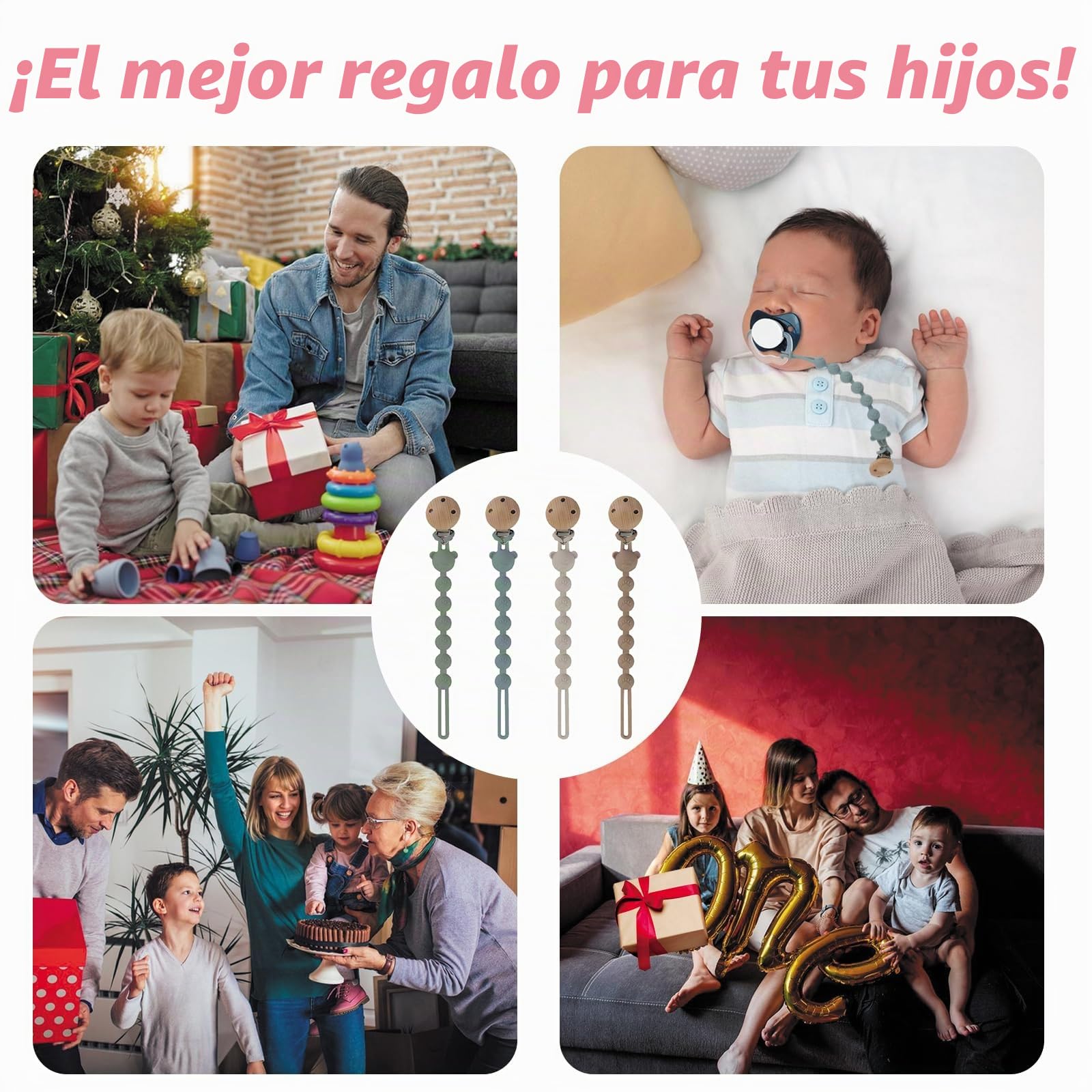 Juego de 4 cadenas para chupete para niña y niño, fácil de limpiar, cadenas para chupete y mordedor, diseño 2 en 1, cadena para chupete de madera, portabilidad, ayuda dental para bebés
