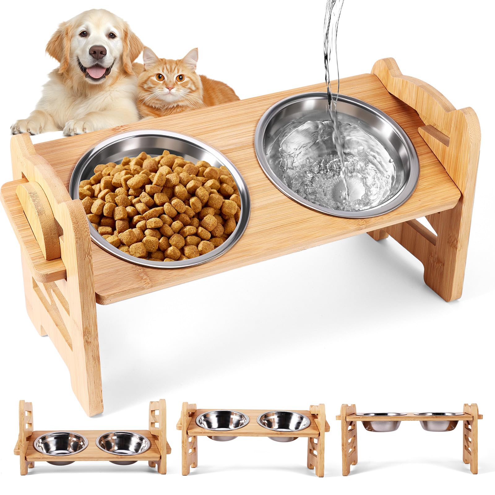 Raised Dog Bowl, Elevated Dog Bowls with Stand 3 Height Adjustable Bamboo Dog Feeding Station with 2 Stainless Steel Bowls