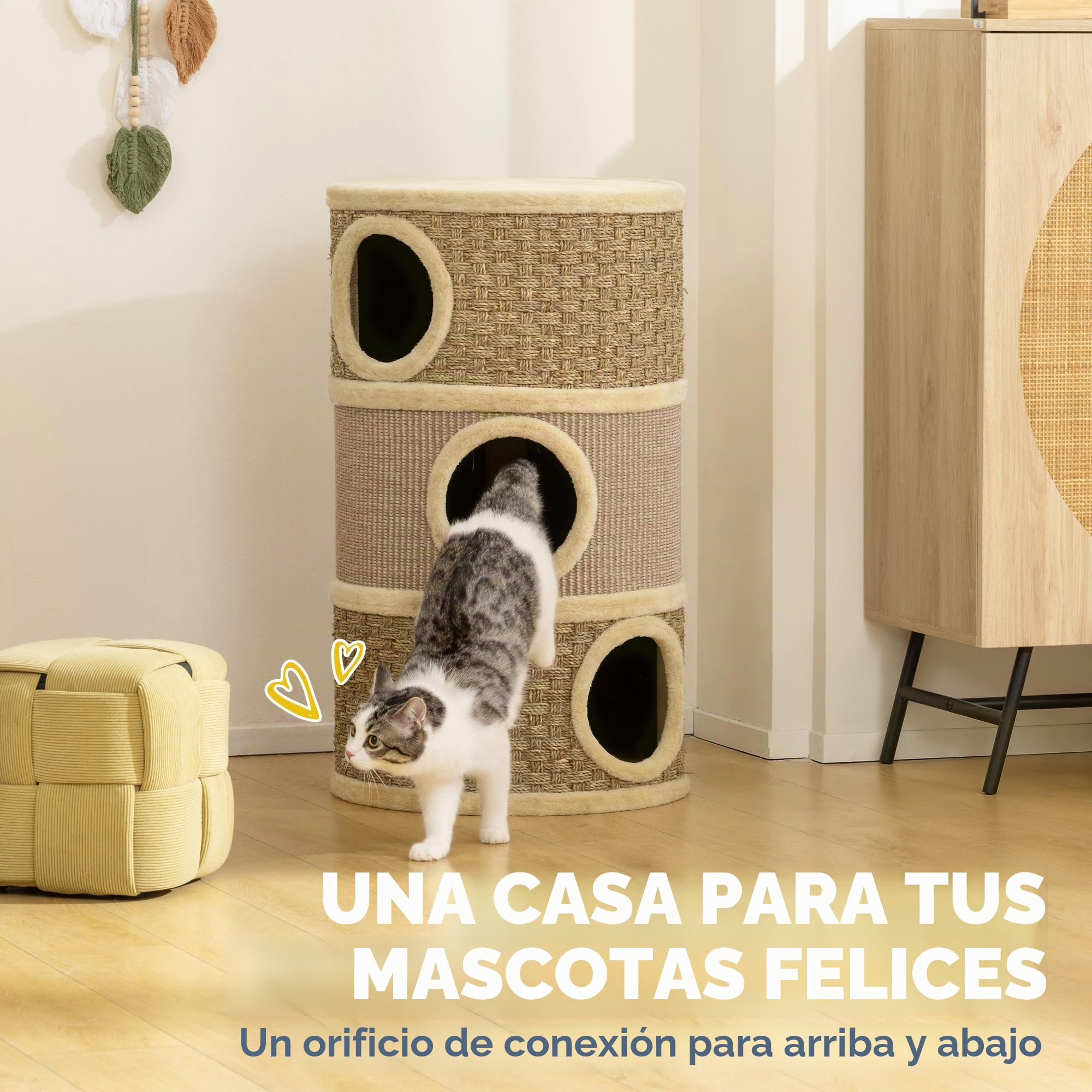 PawHut Barril rascador para Gatos 79 cm Alto Ø 45 cm Barril para Gatos con 3 Niveles Cuerda de sisal, Cueva de Felpa para, Poste rascador para Grandes, Caqui+café