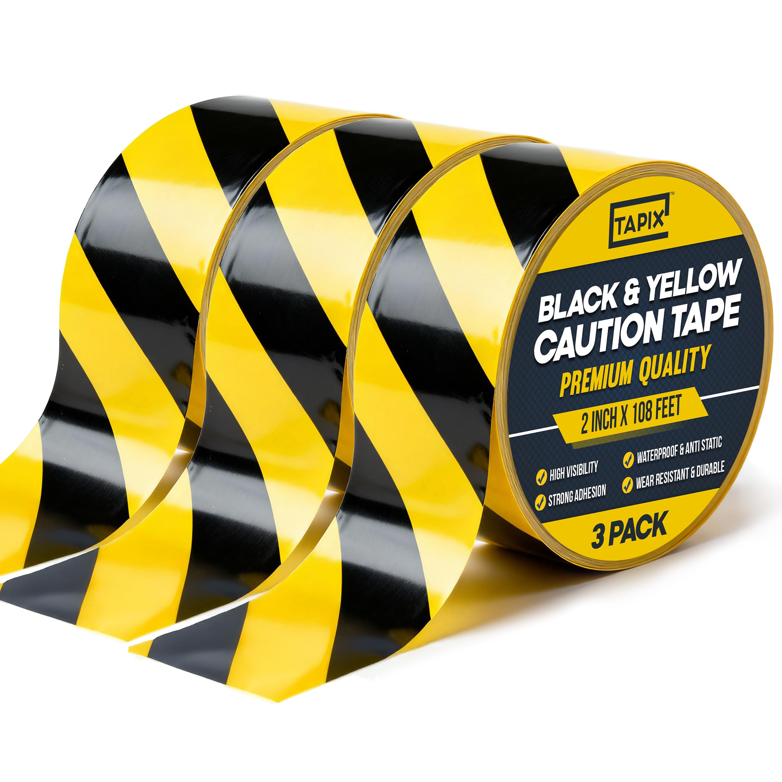 Tapix (3 Pack 2 Inch x 108 Feet Black & Yellow Tape Roll - Safety Stripe Waring Tape for Floor - Highly Adhesive Waterproof Hazard Tape for Floors,