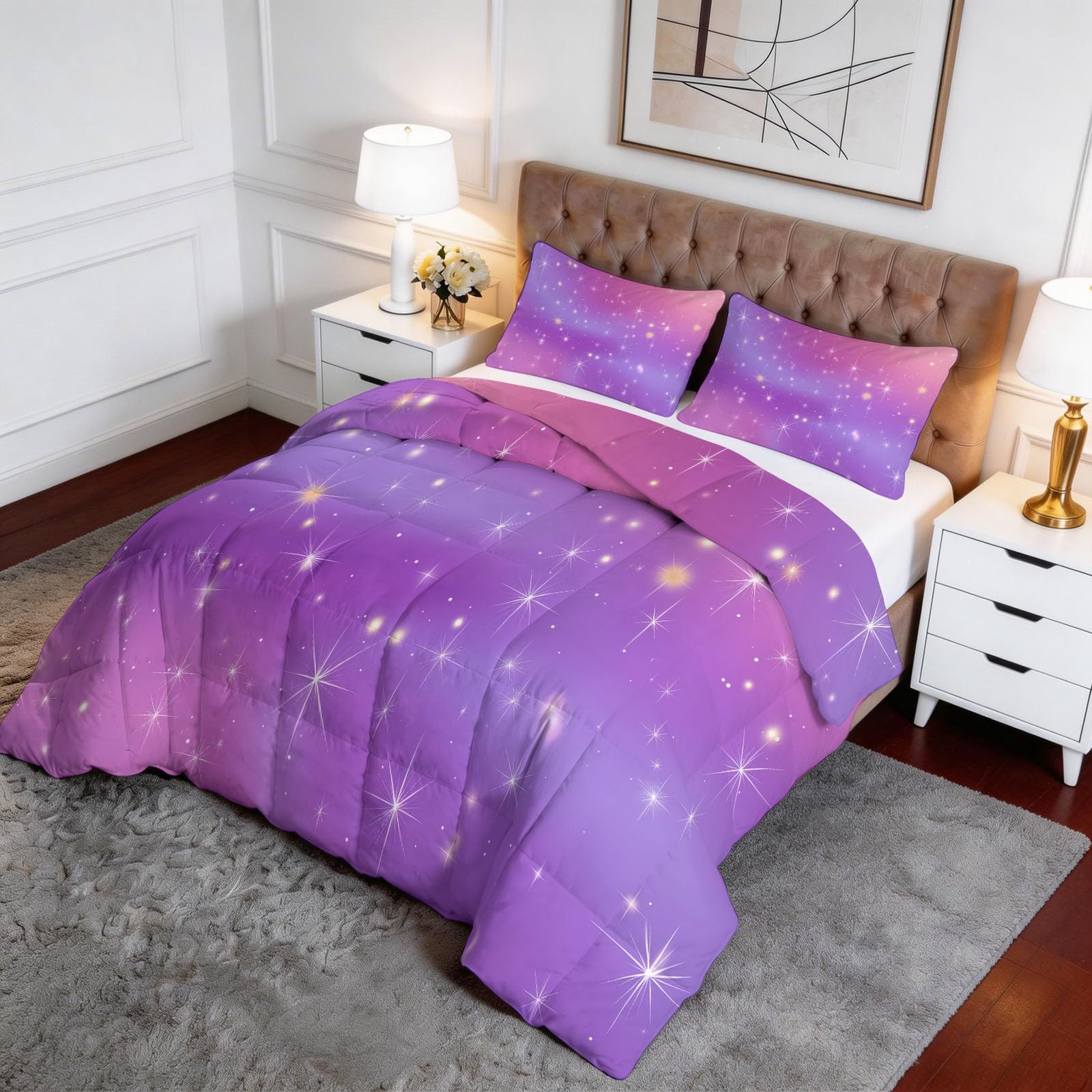 Generisch Edredón bonito y sencillo con diseño de estrellas, para todo el año, para 4 estaciones, edredón de 155 x 220 cm, reversible, lavable, color rosa y morado