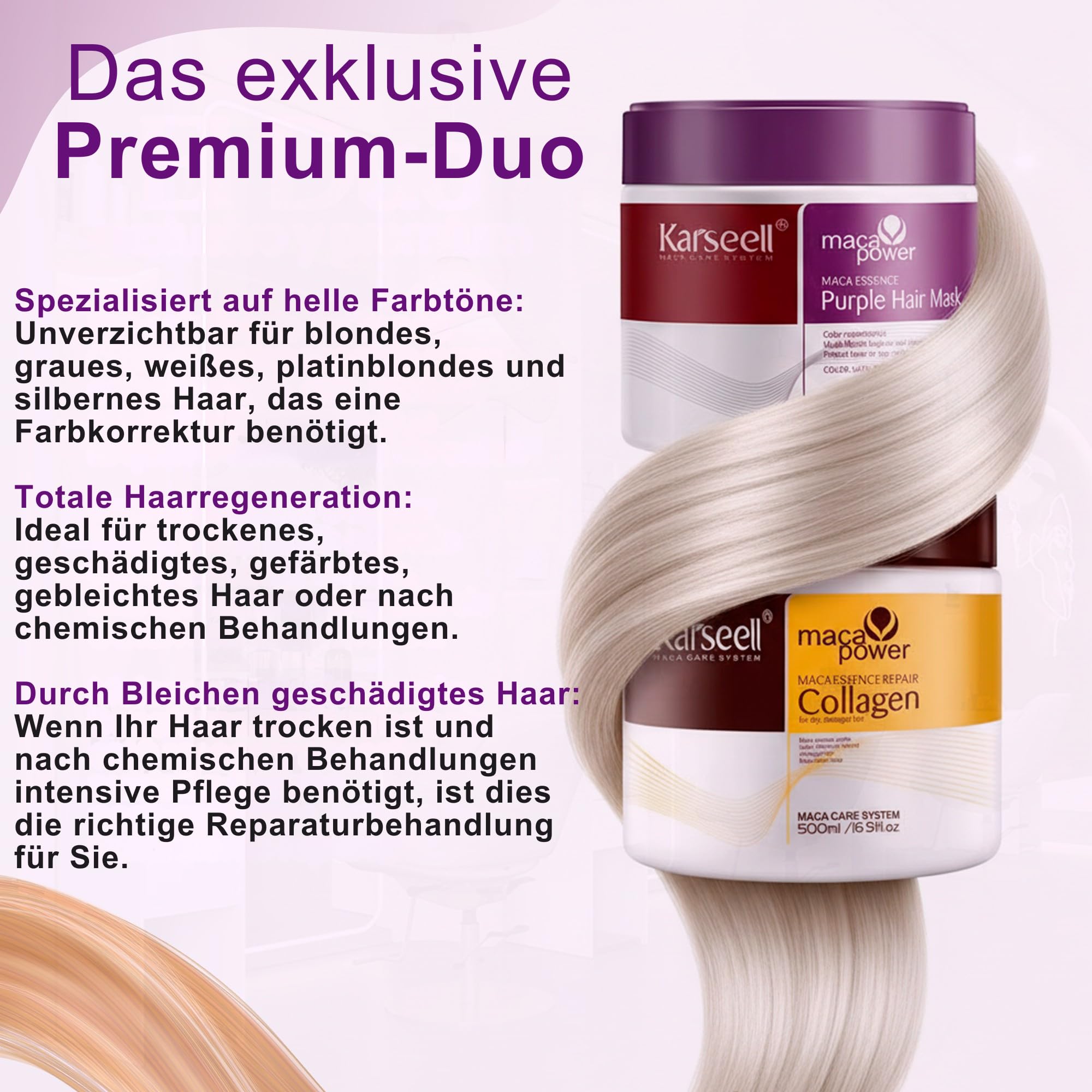 Karseell MACA CARE SYSTEM Set 1 Kollagen-Haarmaske + Violette Haarmaske Gegen Gelbstich Tiefenpflege Feuchtigkeit Reparatur Trockenes Geschädigtes Blondiertes Graues Weißes Haar Ohne Sulfate