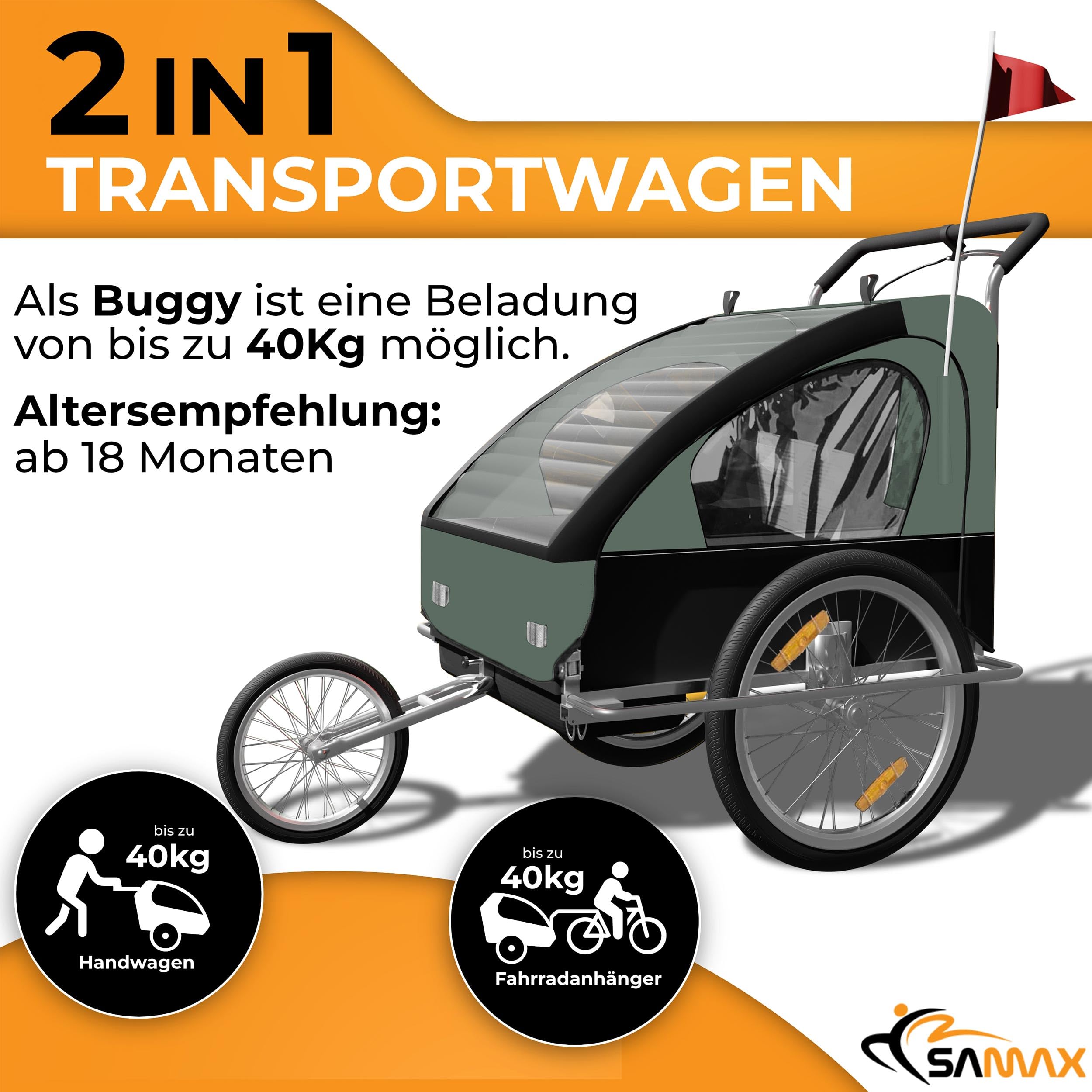 SAMAX Fahrradanhänger Jogger 2in1 Kinderanhänger Kinderfahrradanhänger Transportwagen gefederte Hinterachse für 2 Kinder