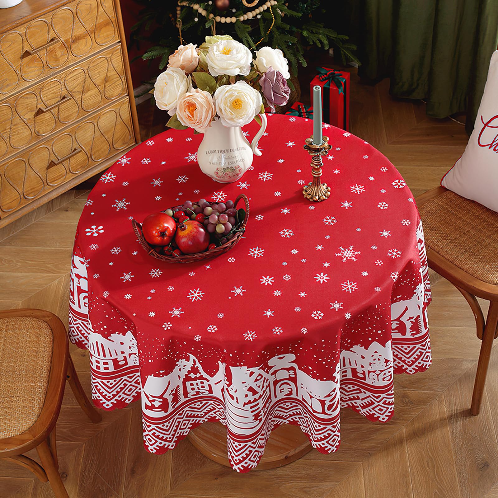 auons Christmas Tablecloth Round 60 Inch, Winter Snowflake Red Washable Table Cloths Christmas Decorations - Image 2