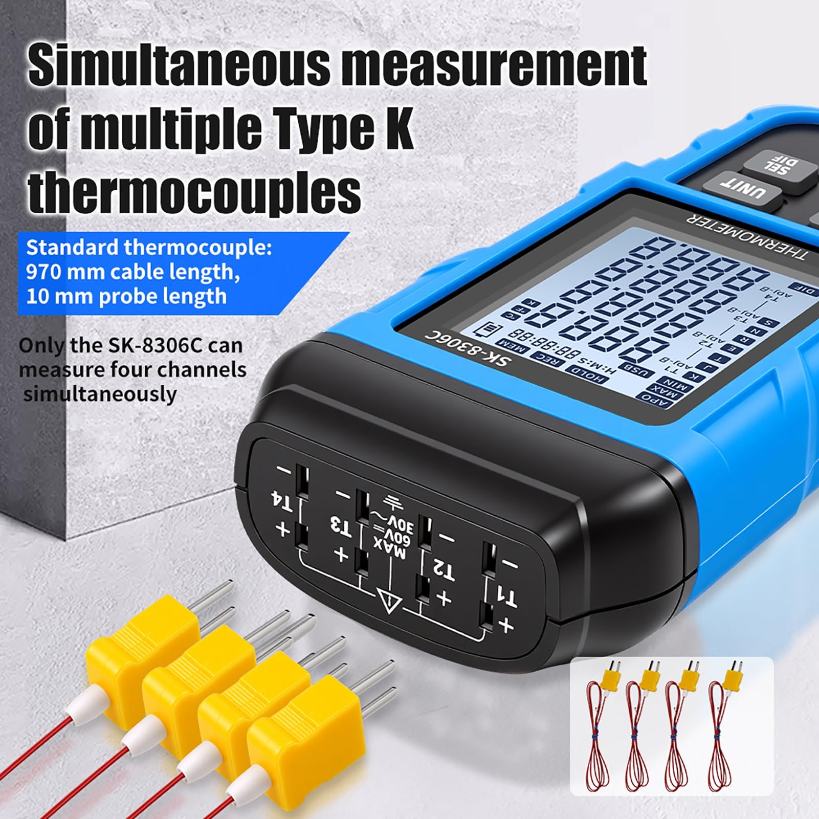 Elprico Thermomètre à Thermocouple Numérique, Enregistreur de Données de Compteur de Température de Type K J à 4 Canaux avec Stockage Bluetooth USB 5999, pour Industriel (SK-8306C Quad-Canal)