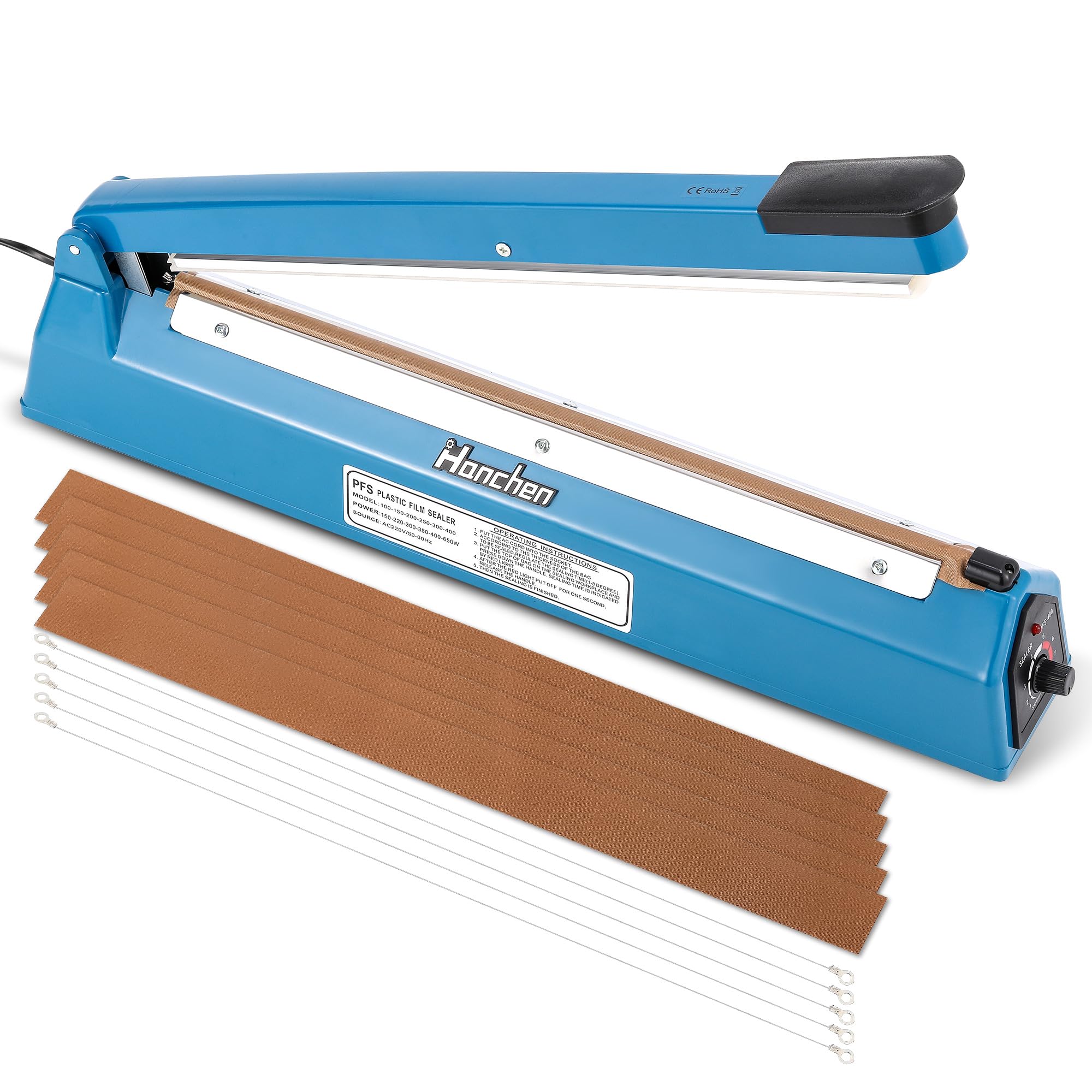 FHRKA Impulse Heat sealer machine 400mm plastic bag sealer manual sealing machine with 5 Spare Heating Wires and Strips