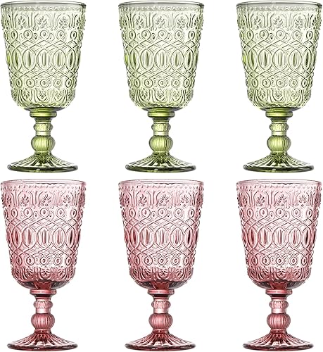 SOUJOY Juego de 6 copas de vidrio vintage, copas de vino de colores de 10 onzas, taza de agua prensada hecha a mano con tallo para fiesta, boda, bar
