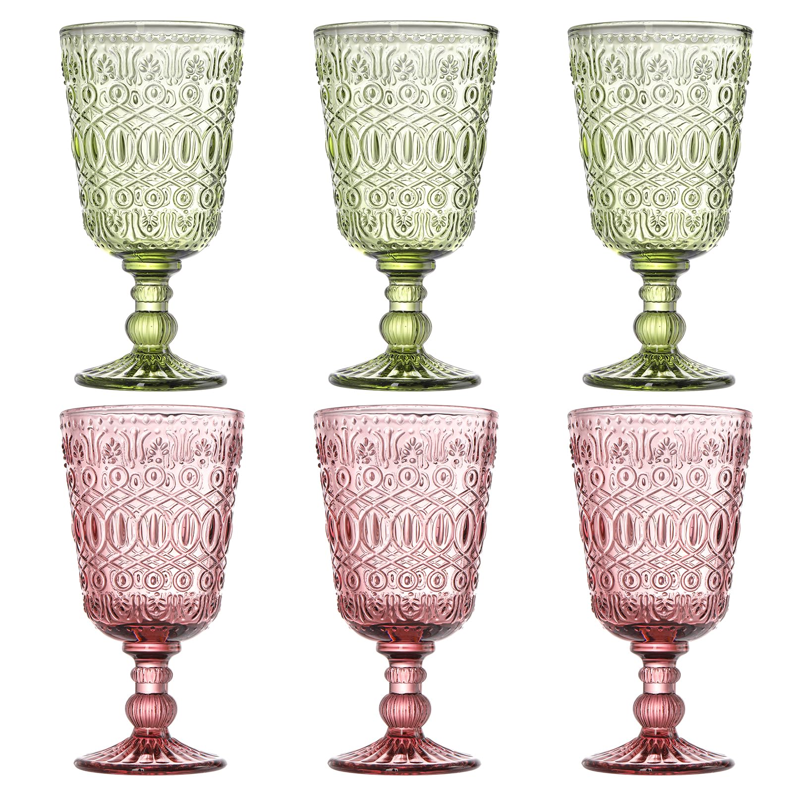 SOUJOY Set of 6 Vintage Glass Goblet, 10oz Colored Embossed Wine Glasses, Handmade Pressed Water Drinking Cup with Stem for Party, Wedding, Bar