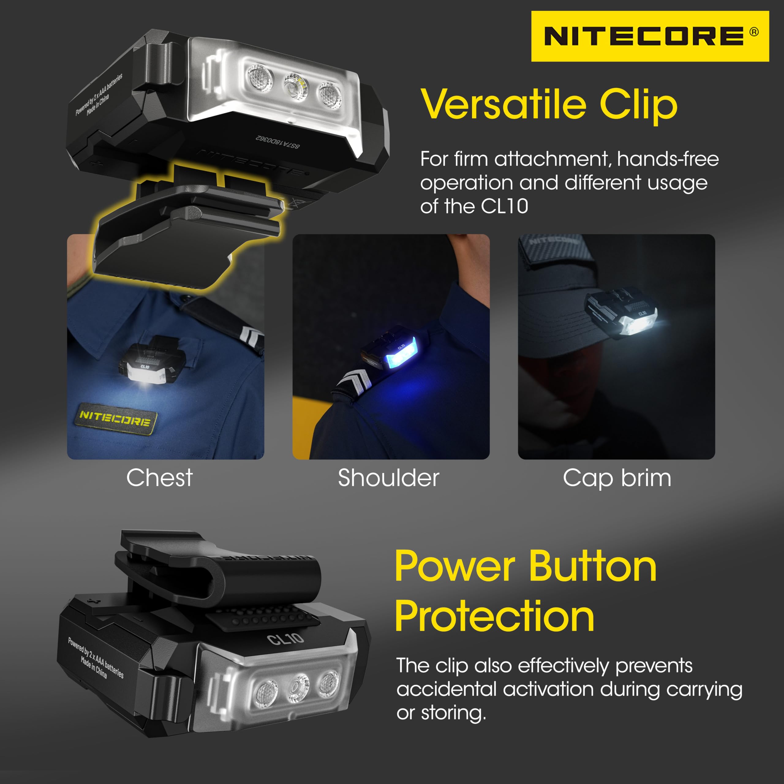 Nitecore CL10 - Luz de hombro multiusos ultraligera con clip, luz de advertencia personal con pilas AAA, etiqueta