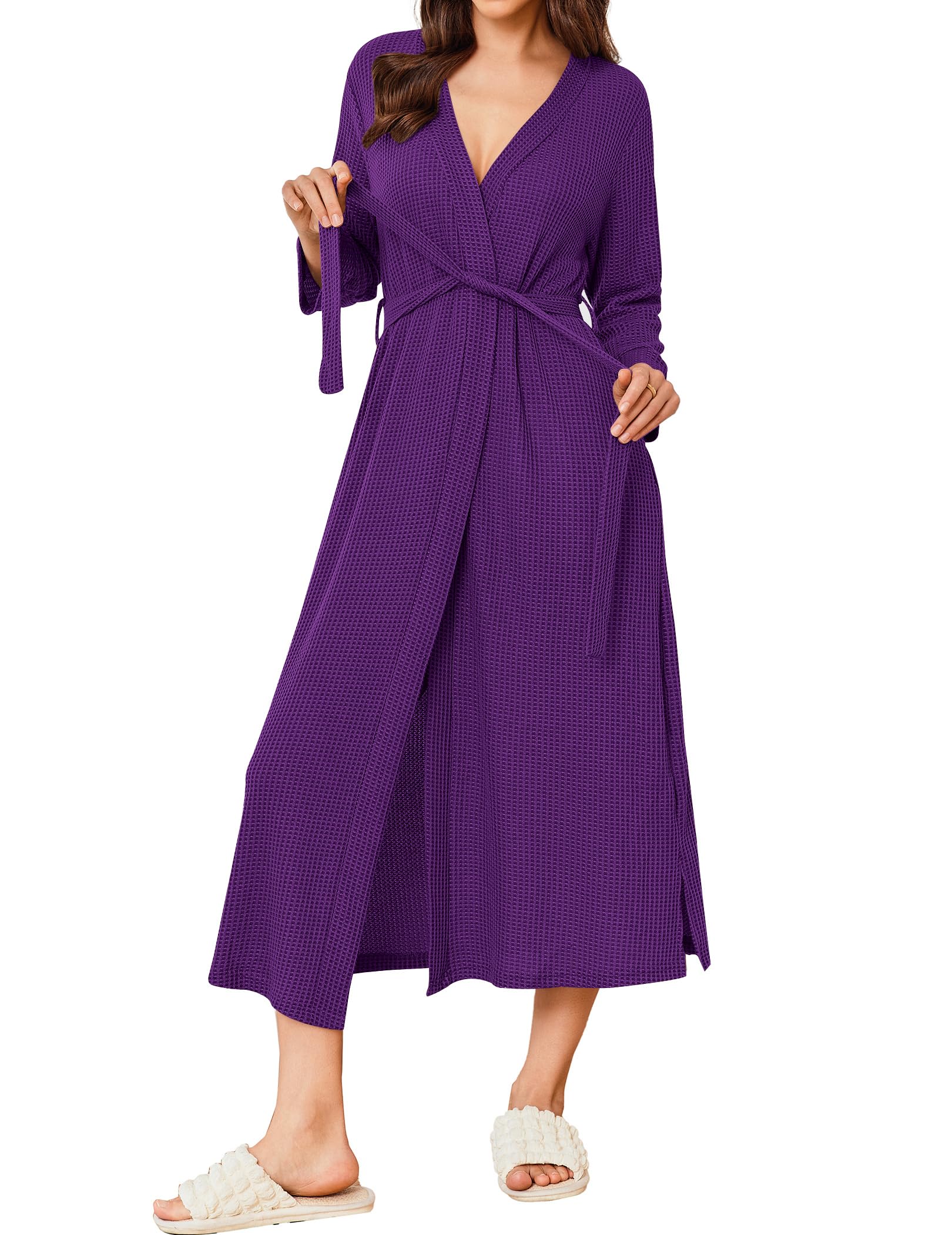Ekouaer Womens Robe Long Waffle Knit Bathrobe Lightweight Soft Kimono Robes Loungewear S-XXL
