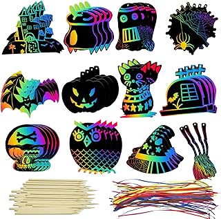 48Pcs Halloween Scratch Art for Kids, Rainbow Scratch Paper DIY Halloween Crafts Black Scratch Paper, Black Scratch off Paper with 48 Wooden Stylus 48 Cords, Hanging Halloween Ornaments Party Supplies