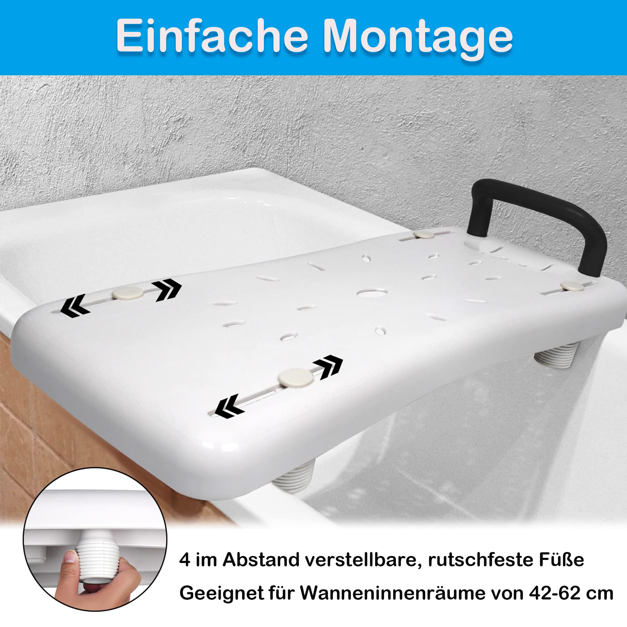 LZQ Badewannenbrett 70cm lang Badewannensitz Senioren mit Schwarz Griff und Seifenablage, Einstellbar Wannensitz Sitzbrett für Badewanne für Erwachsene bis max.150kg