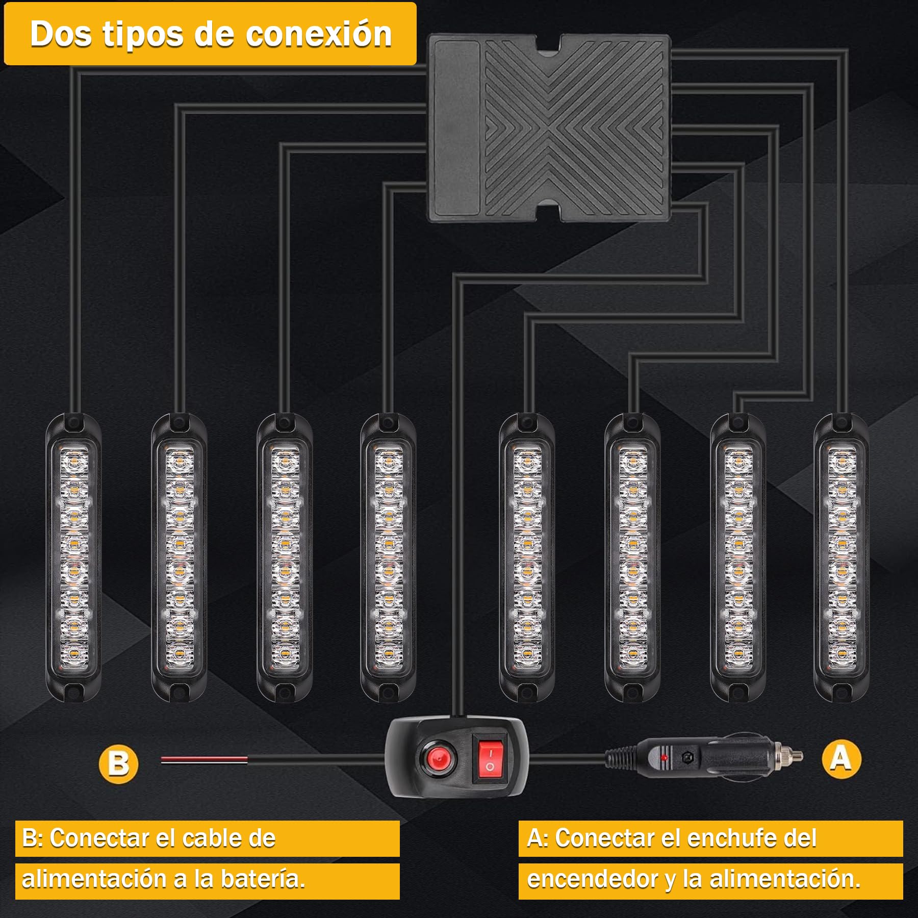 Luces Estroboscópicas LED Ámbar 12-24V Luz de Emergencia para Conductores, Rescatistas y Profesionales, Baliza Universal para Camión, Coche, SUV, 14 Modos, IP65, Seguridad Vial