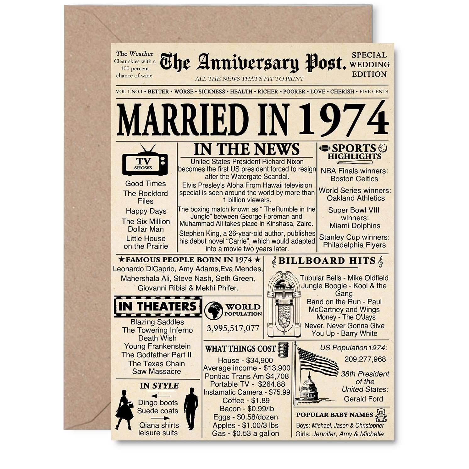51st Anniversary Card for Men Women - Newspaper Married in 1974 - Happy 51 Year Wedding Anniversary Card for Wife Companion Partner Husband, A5 Anniversaries Greeting Cards