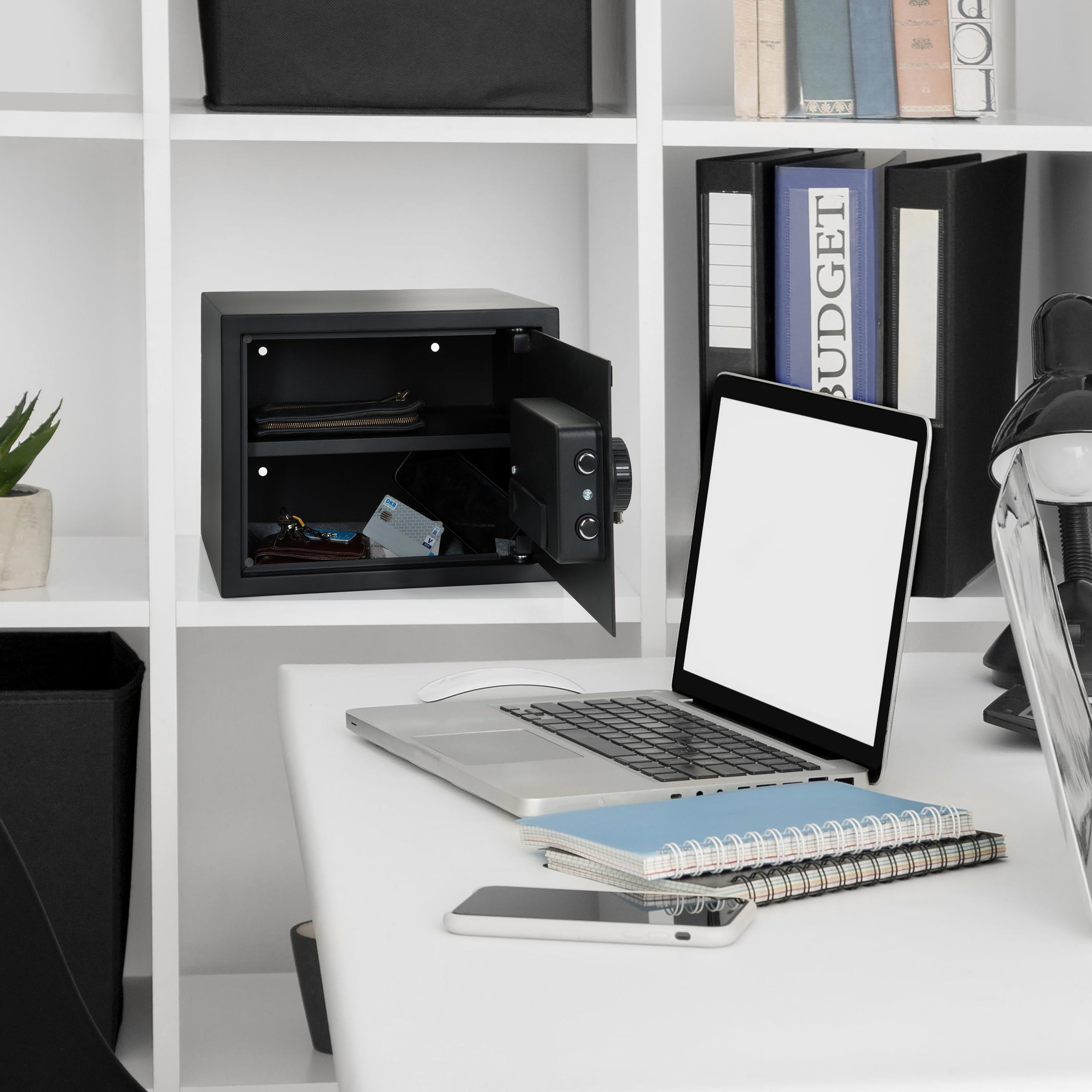 hjh OFFICE Cassaforte con serratura a combinazione 27 L SAFE COMPACT in acciaio nero, 30 x 38 x 30 cm, 830037