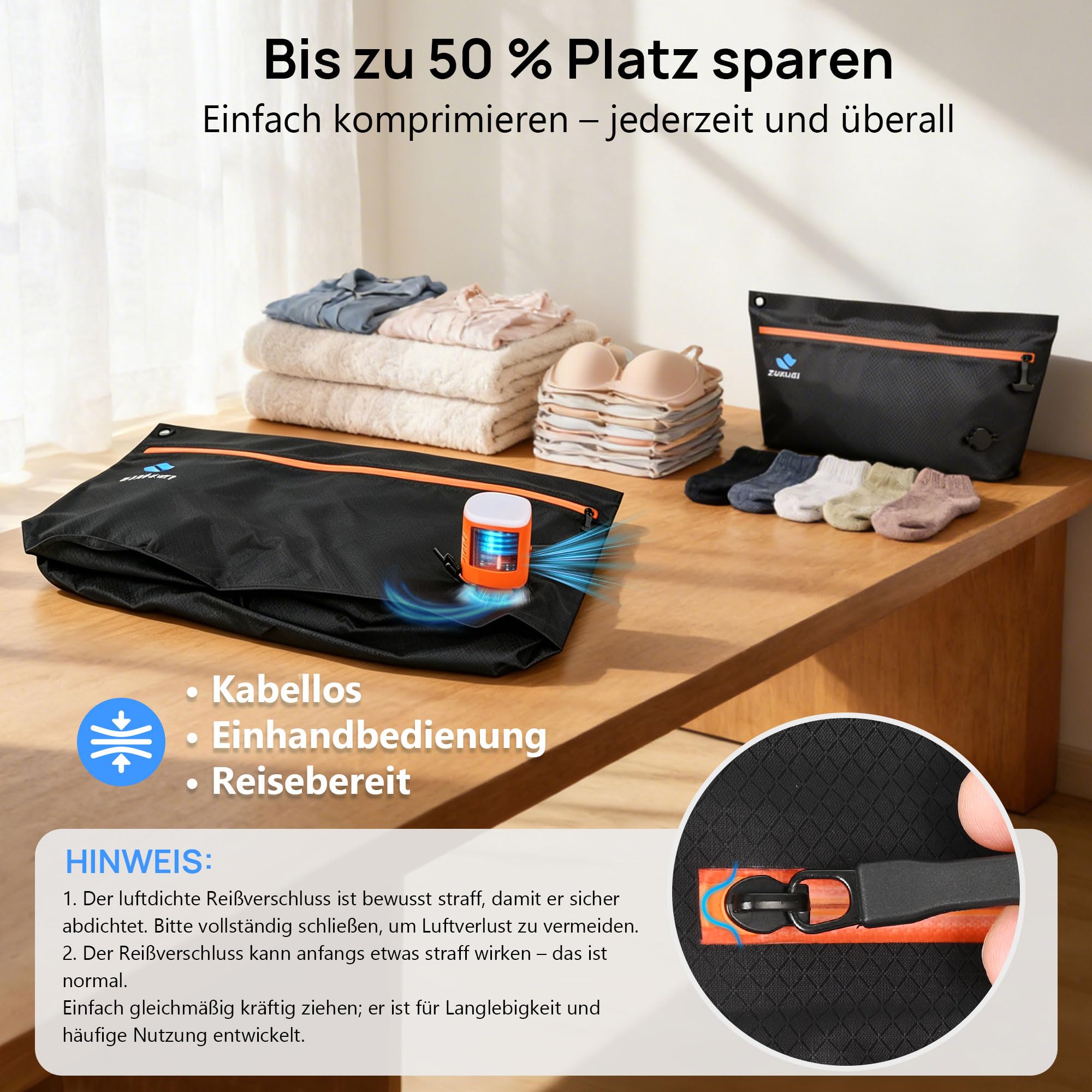 Zurligi Reise-Vakuumbeutel mit Pumpe, IPX8, TPU, 3 Größen, Schwarz, 3er-Set | Reißfeste TPU-Kompressionsbeutel, IPX8-wasserdicht, wiederverwendbar und platzsparend für Kleidung, Unterwäsche, Handgepäck