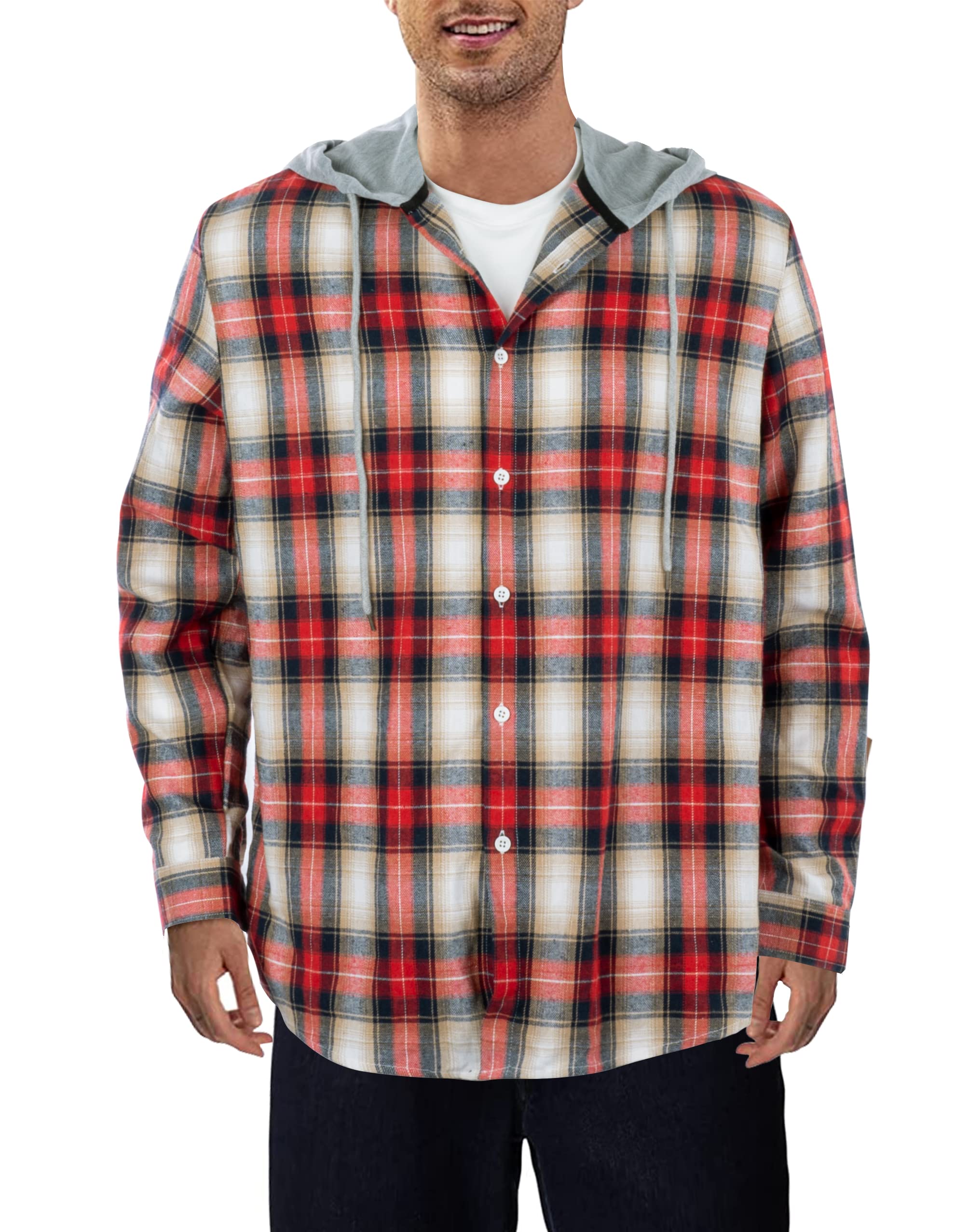 bayamoMen's Flannel Plaid Shirts Hooded Long Sleeve Casual Jacket Shacket Button Down Shirt for Men