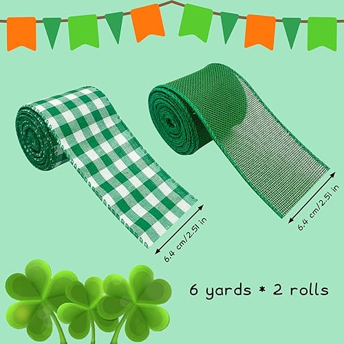 Miniatura 2 de 2 rollos de cintas con borde de alambre de búfalo de 2.5 pulgadas de ancho para el día de San Patricio, cintas de tela verde para festivales