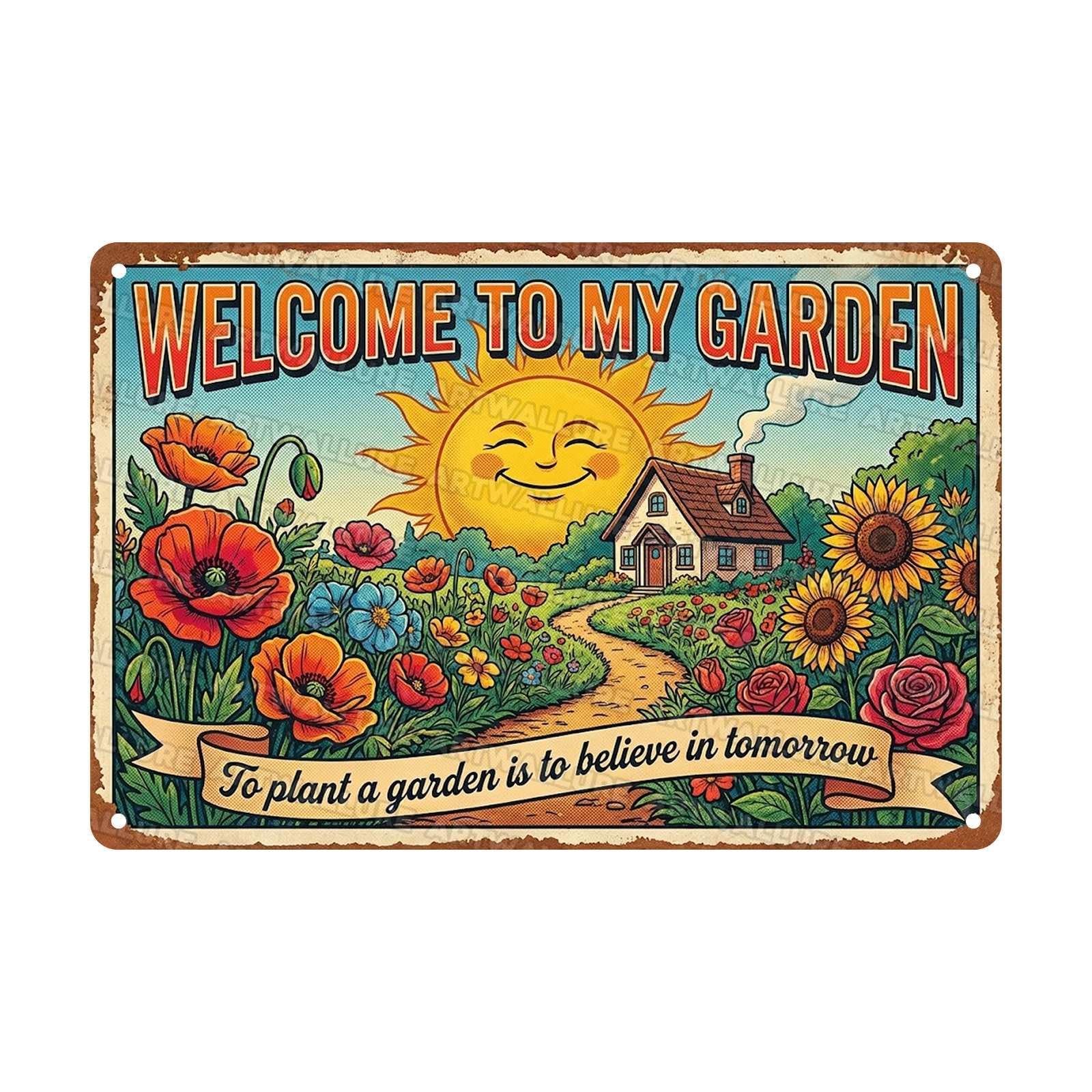 Garden Welcome Sign Sunny Cottage Metal Tin Sign Happy Sun Wall Decor To Plant a Garden is to Believe in Tomorrow Plaque for Summer House Gazebo Pathway 8x12Inch