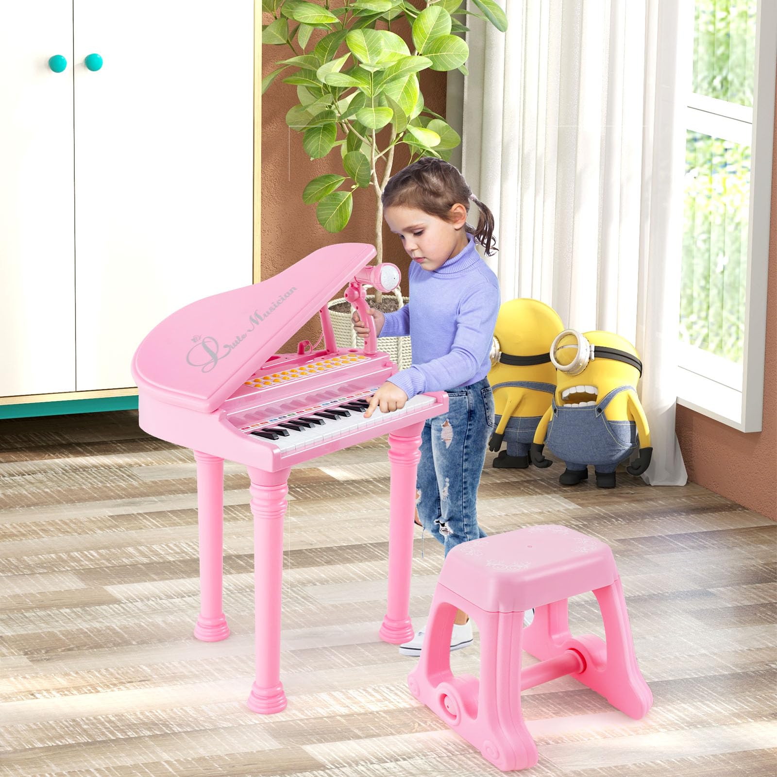 SOARS Piano pour Enfants 31 Touches, Clavier pour Enfant Électronique avec Microphone et Tabouret, Jouet Musical avec 3 Modes d'Enseignement et Fonction d'apprentissage Guidé par la Lumière, Rose