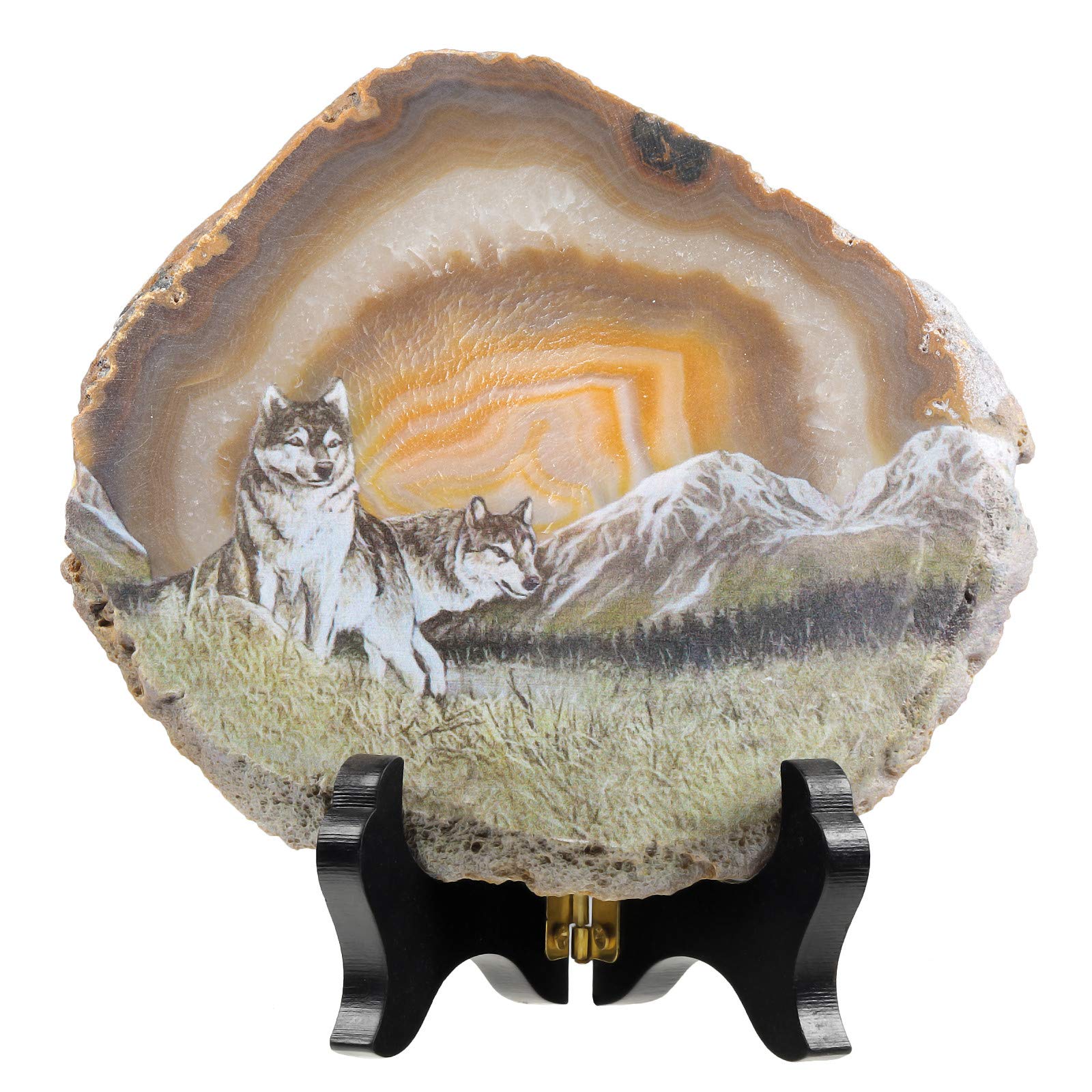 Rockcloud Wolf Agate Slab Display with Wooden Stand Irregular Shape Aagte Slice Stone Home Office Desk Ornament