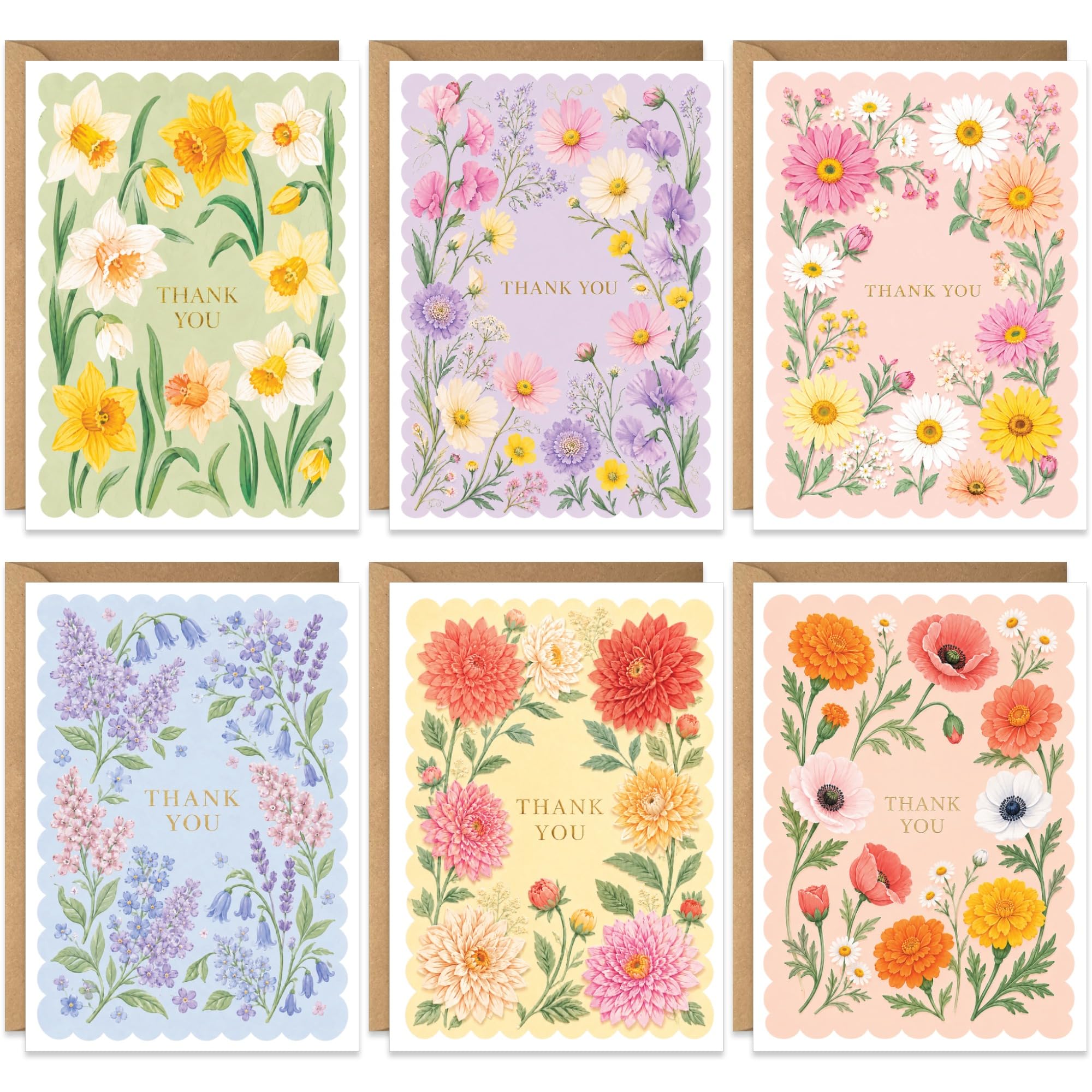 Set of 10 Cute Appreciation Cards with Envelopes - Beautiful Flower Scalloped Card Designs - Bulk Pack Set of Thank You Cards for Coworkers, Employee, Teachers, Recognition & Gratitude