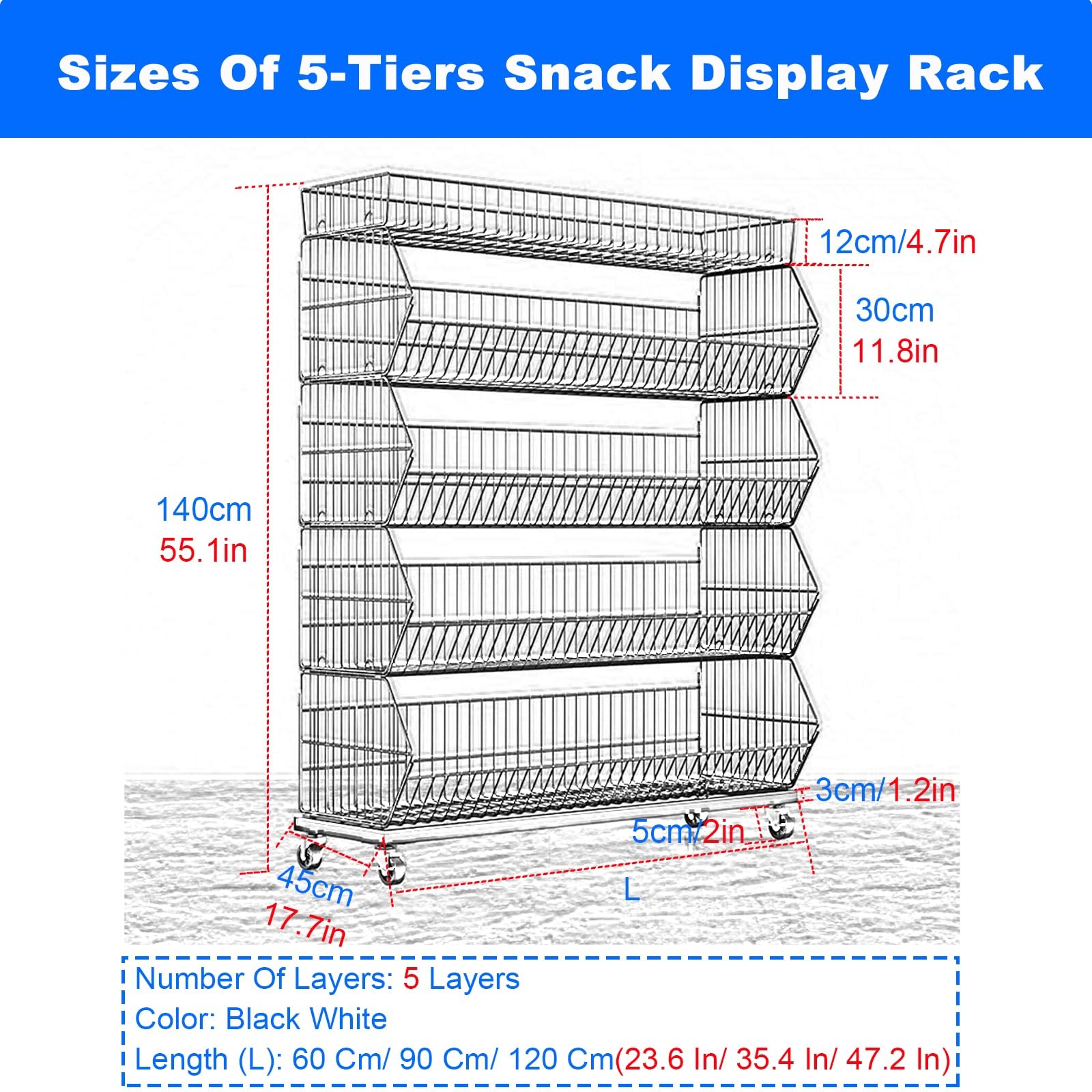 Snack-Regal im Supermarkt 5-lagiges Verkaufsdisplay-Rack, 140 cm hoher Snack-Organizer-Ständer for Bäckerei-Supermärkte und Privathaushalte, 23,6" 35,4" 47,2" langes Snack-Regal for kommerzielle Super