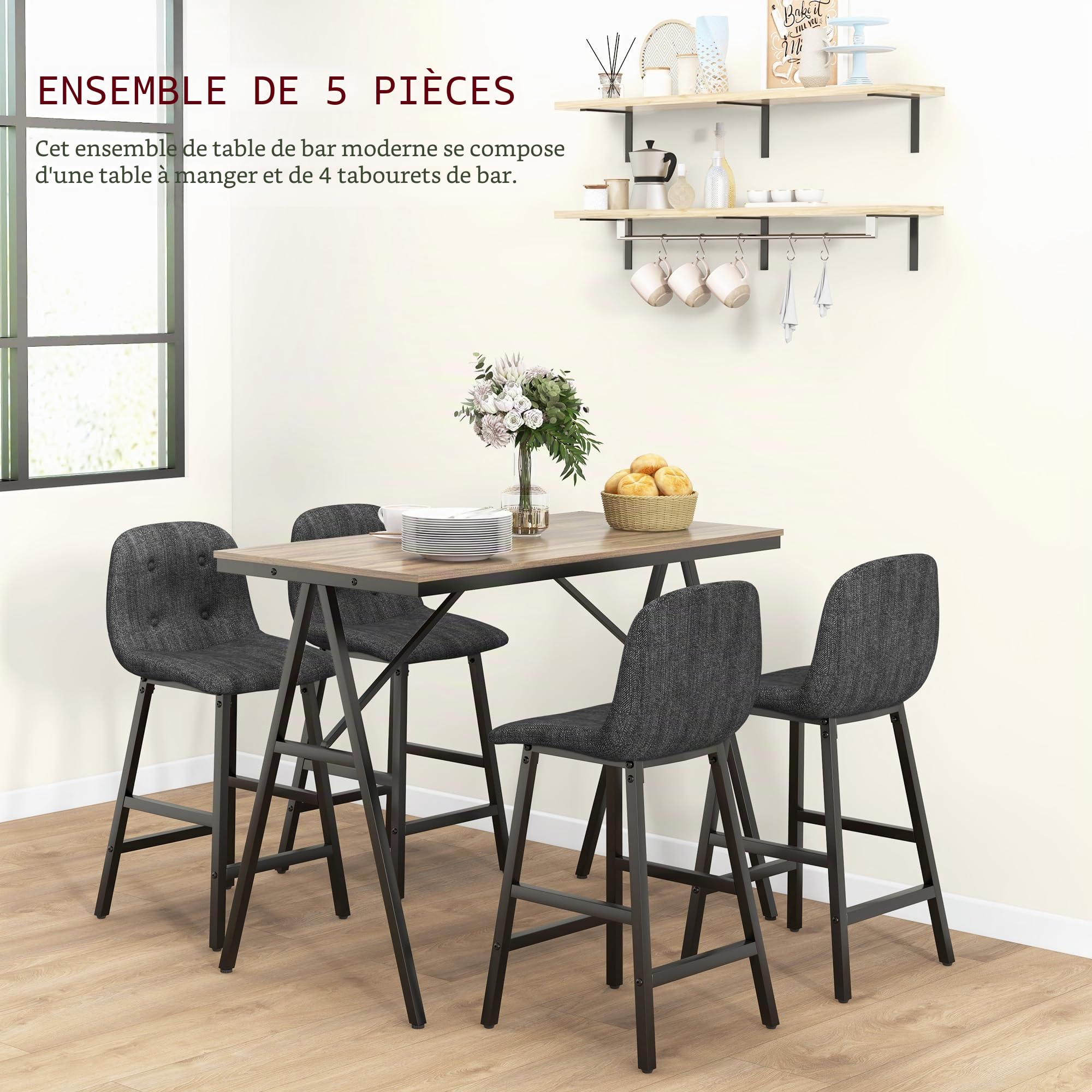 HOMCOM Table de Bar avec Tabouret de Bar, Ensemble de 5 pièces pour Manger, Table de Cuisine, Table de bistrot avec 4 chaises, Ensemble de Tables de Bar pour Cuisine, Salon, Acier, Gris foncé, 120 x