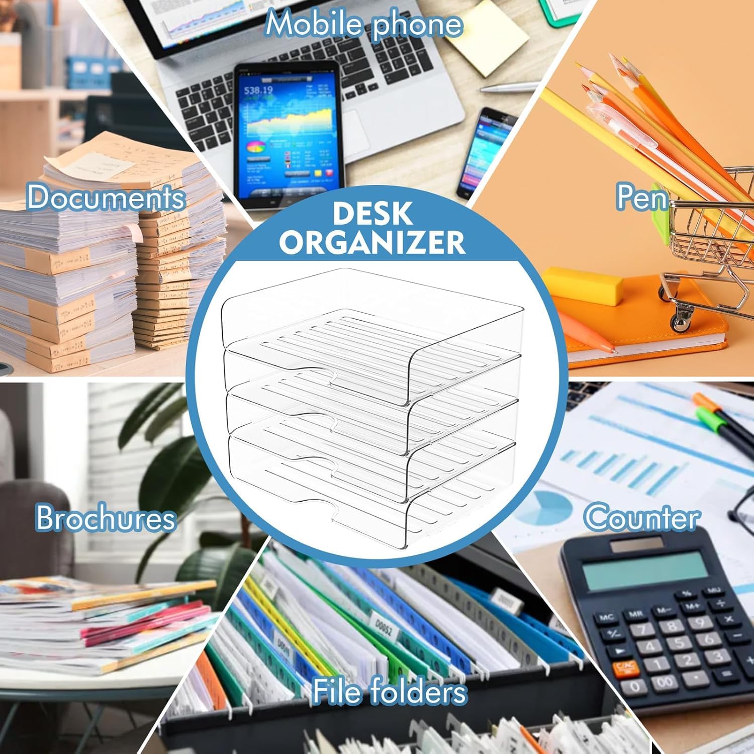 LATERN 4 Stück Papier Organizer Briefablagen, Acryl Stapelbare A4-Papierablage Transparenter Dokumentenhalter Schreibtisch Organizer für Bücher Notizen Papier Zuhause Büro Schule Organisieren
