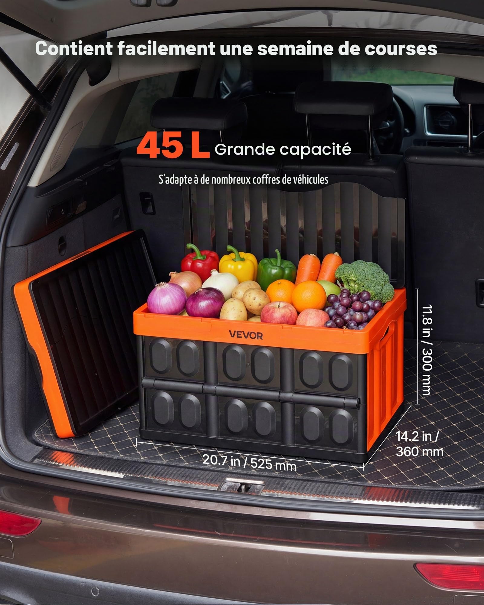 VEVOR Caisse Plastique Pliable avec Couvercle 45 L, Lot de 3, Bac de Rangement Pliable et Empilable avec Poignées, Charge Max. 20 kg par Caisse pour Maison, Camping, Voiture et Courses, Noir et Orange