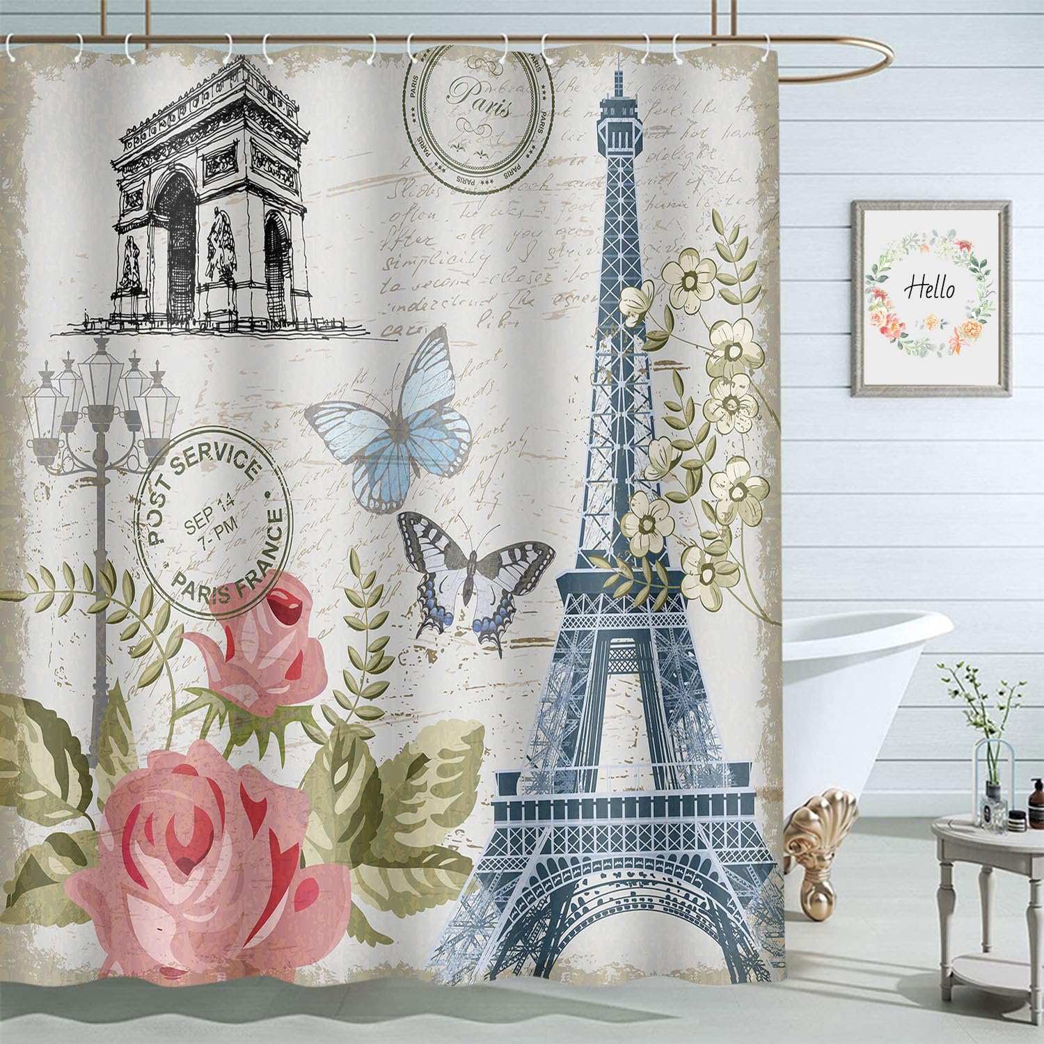 Amazon.com: Moslion Eiffel Tower Shower Curtain 72x72 Inch Pink Rose ...