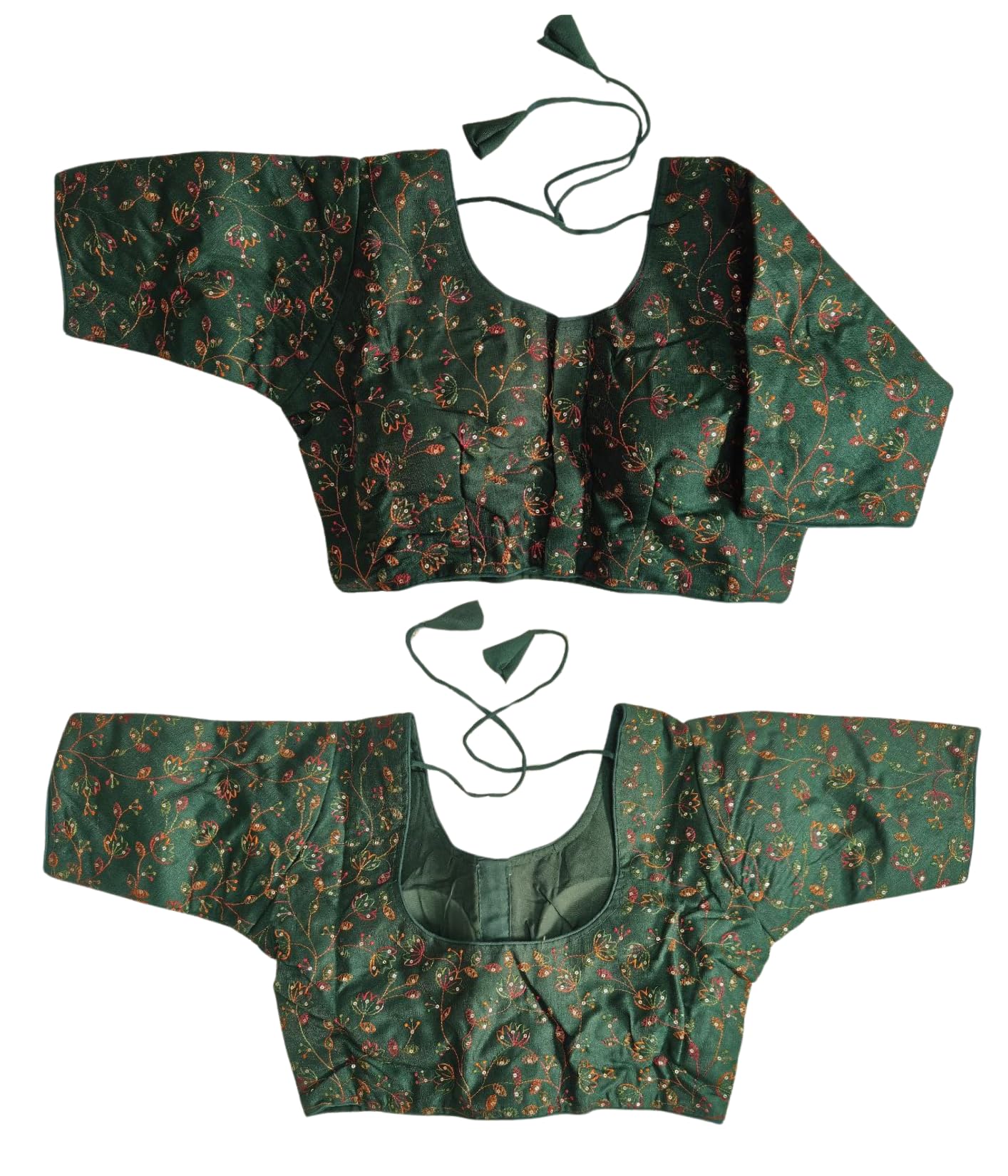 Vihu FashionWomen's Sequence Multi Embroidered U Neck Half Sleeve Readymade Saree Blouse Indian Ethnic Designer Stitched Women's Readymade Half Sleeve Blouse Readymade Blouse for Women
